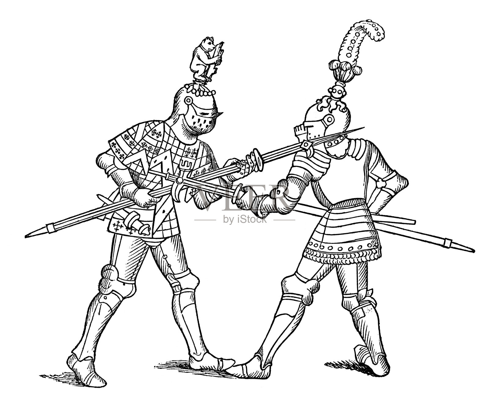 两个穿着盔甲的中世纪骑士在战斗中插画图片素材