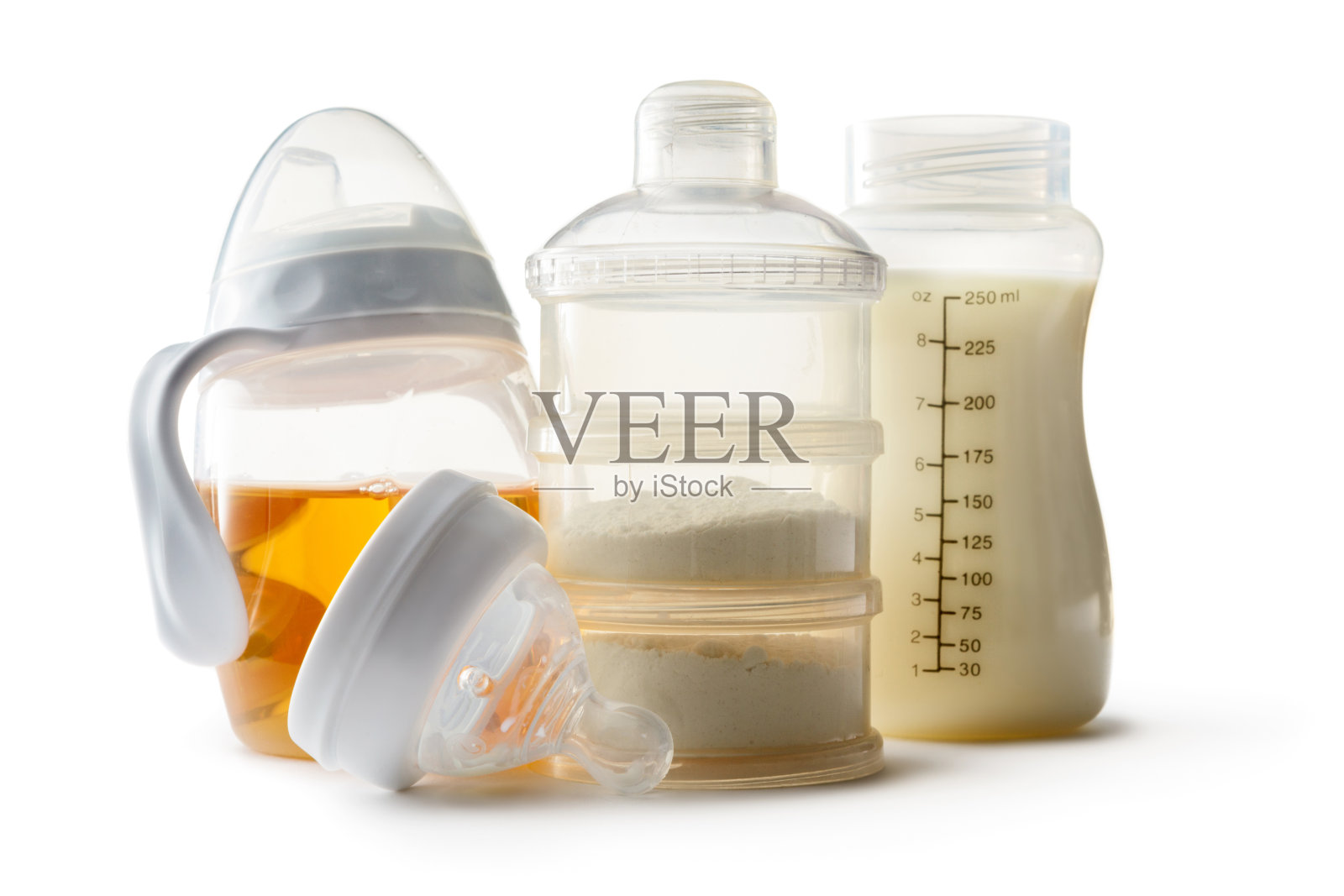 婴儿用品:配方奶粉和婴儿奶瓶孤立在白色背景照片摄影图片
