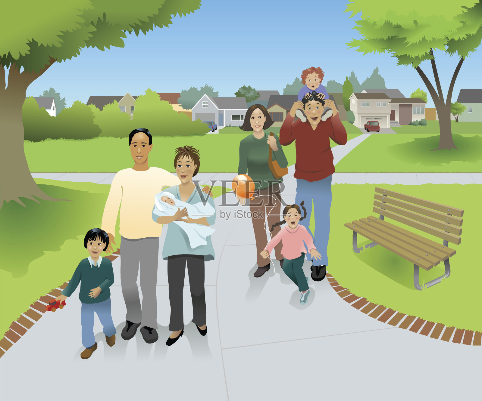 公园里的家庭散步插画图片素材
