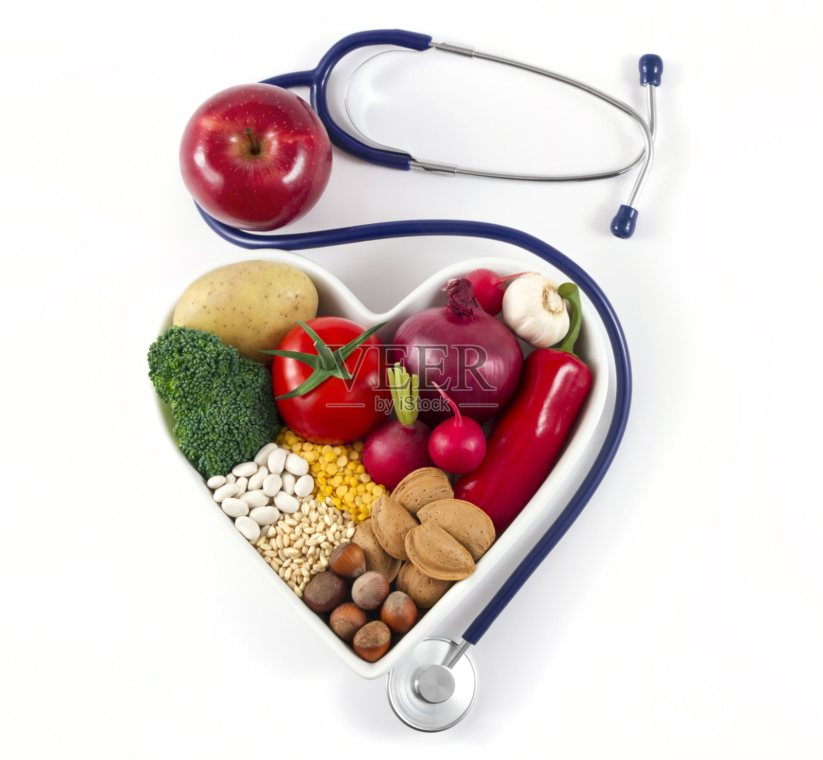 心脏健康与健康食品和听诊器照片摄影图片