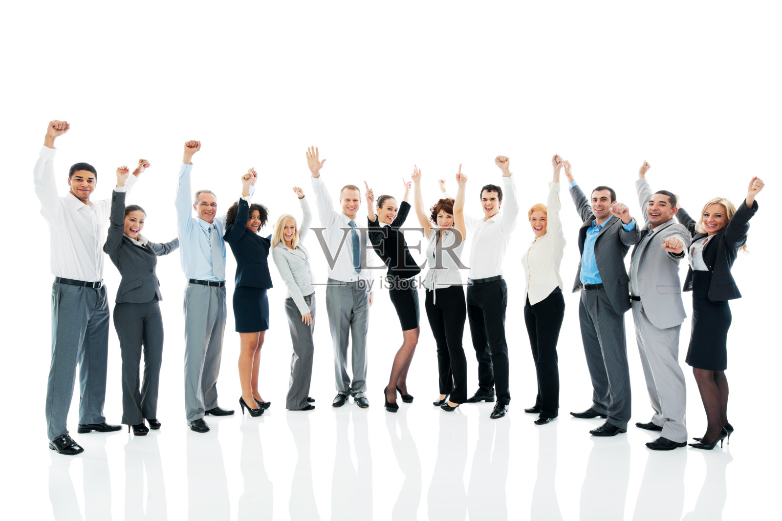成功的商业团队举起了手臂。照片摄影图片