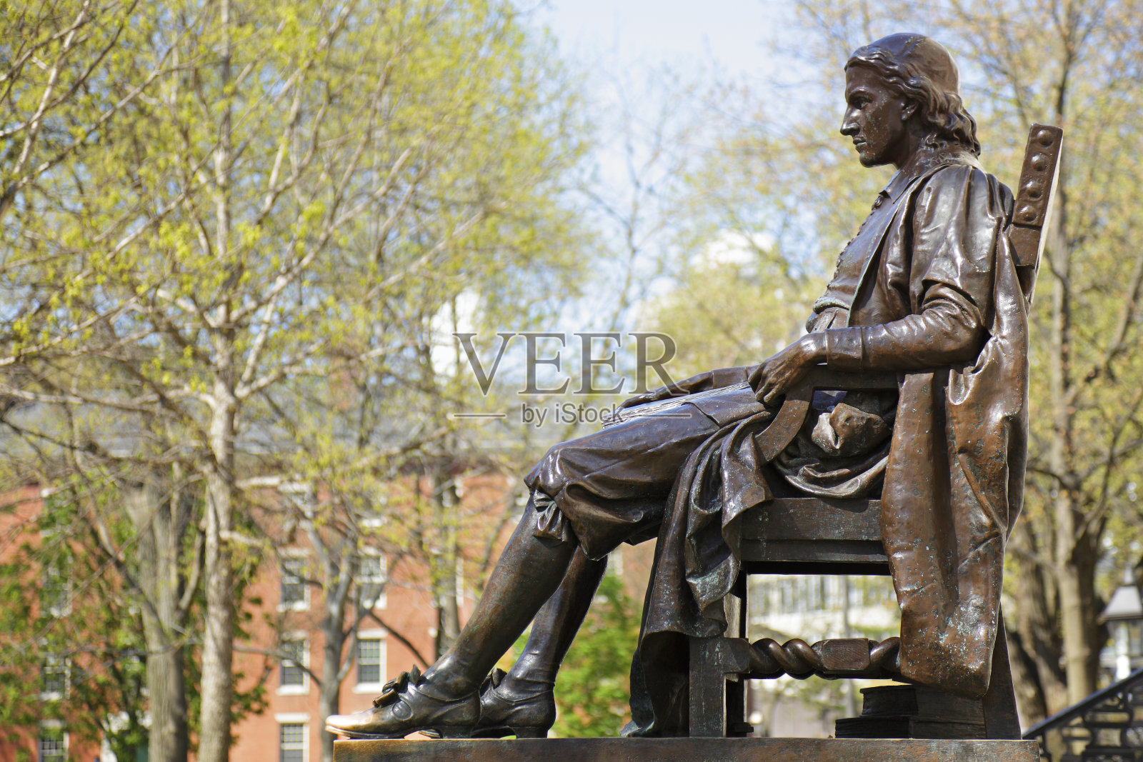 以树木和校园为背景的乔恩哈佛纪念碑照片摄影图片