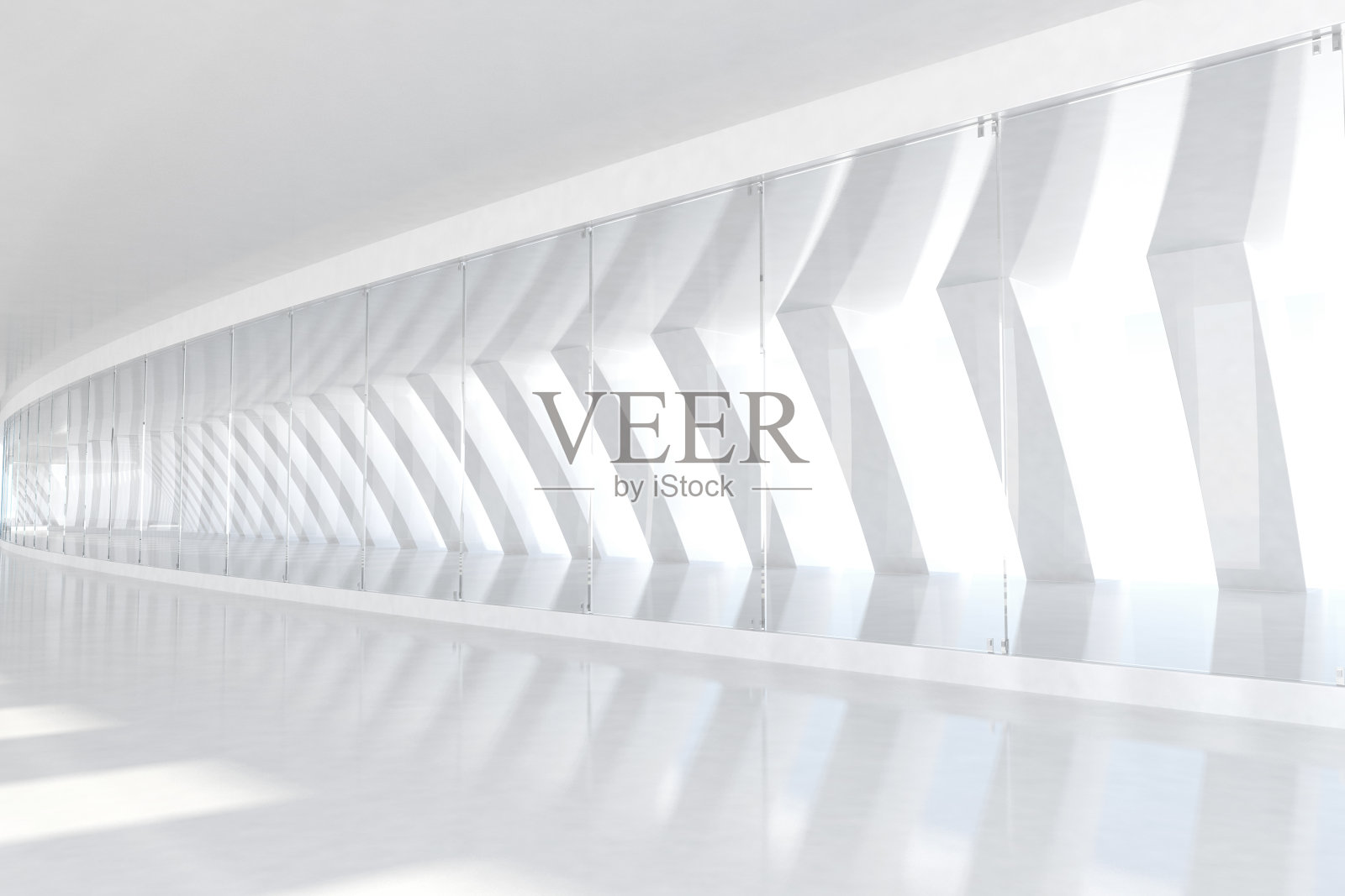 一排排的白色拱门用阳光照亮未来的走廊空间插画图片素材