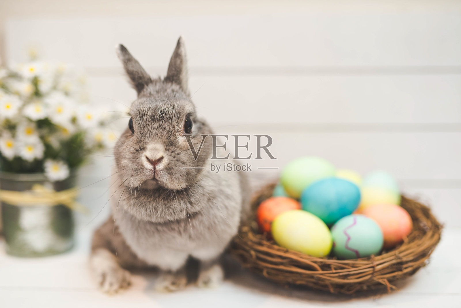 兔子在装满彩色复活节彩蛋的篮子旁边照片摄影图片