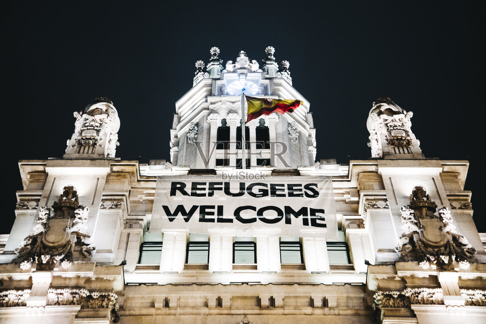 马德里，难民欢迎标志照片摄影图片