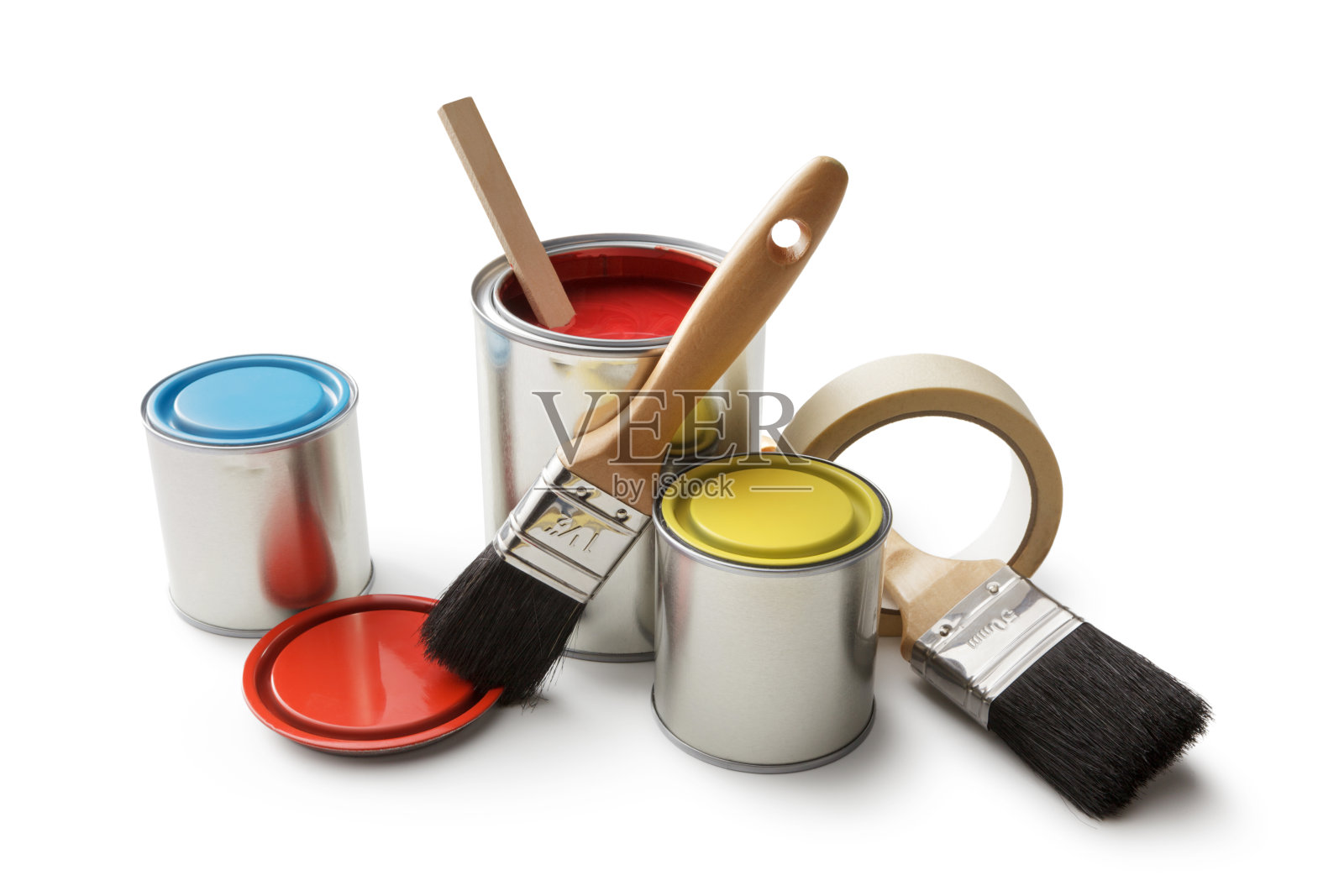 油漆:油漆罐和刷子隔离在白色背景照片摄影图片