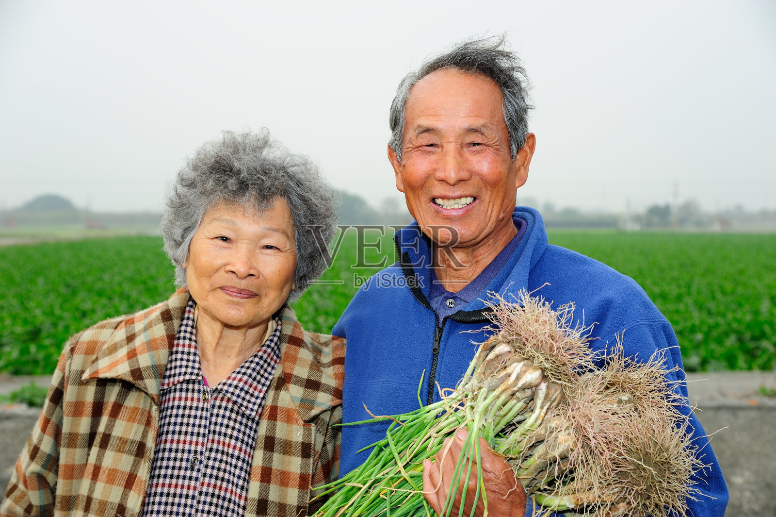 农夫夫妇微笑着拿着韭菜照片摄影图片