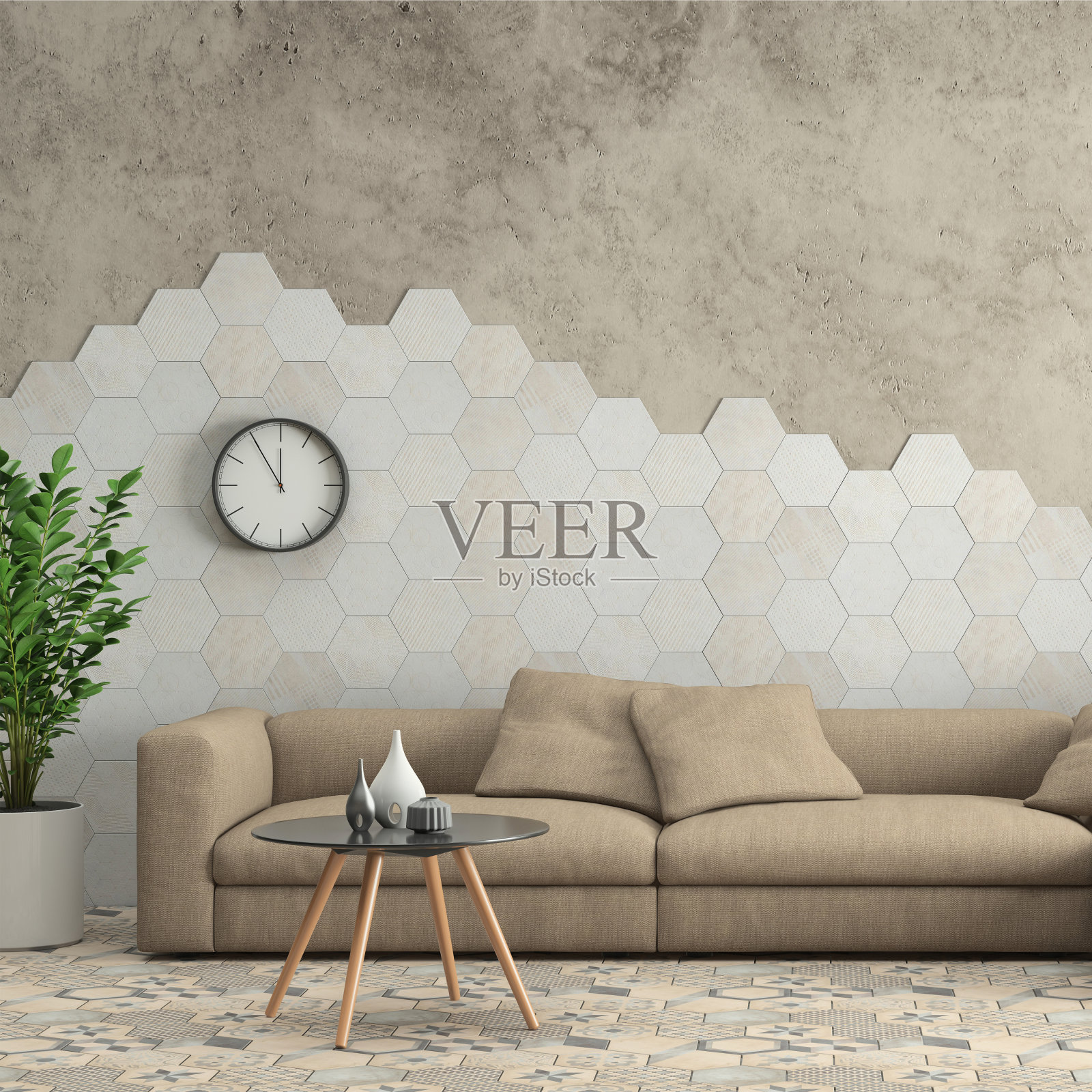 极简的现代室内客厅，沙发和六角形瓷砖在墙上插画图片素材