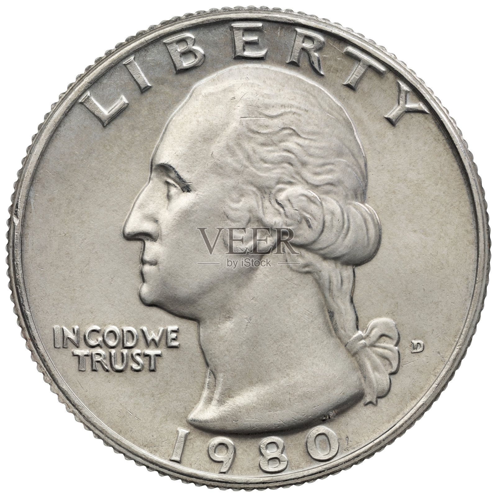 乔治·华盛顿1980年的四分之一美元的正面照片摄影图片