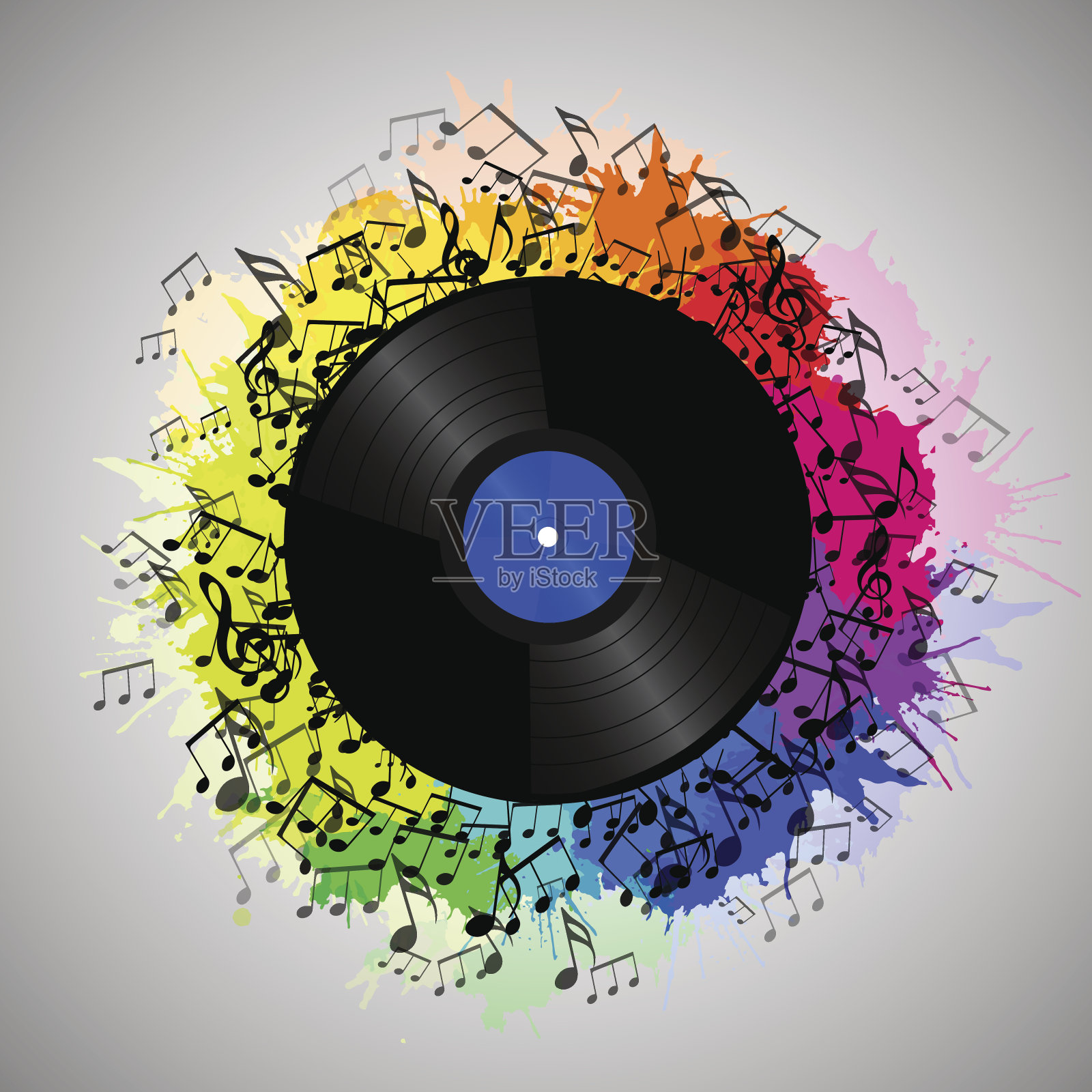 插图的黑胶唱片与音乐音符和彩虹水彩飞溅。插画图片素材