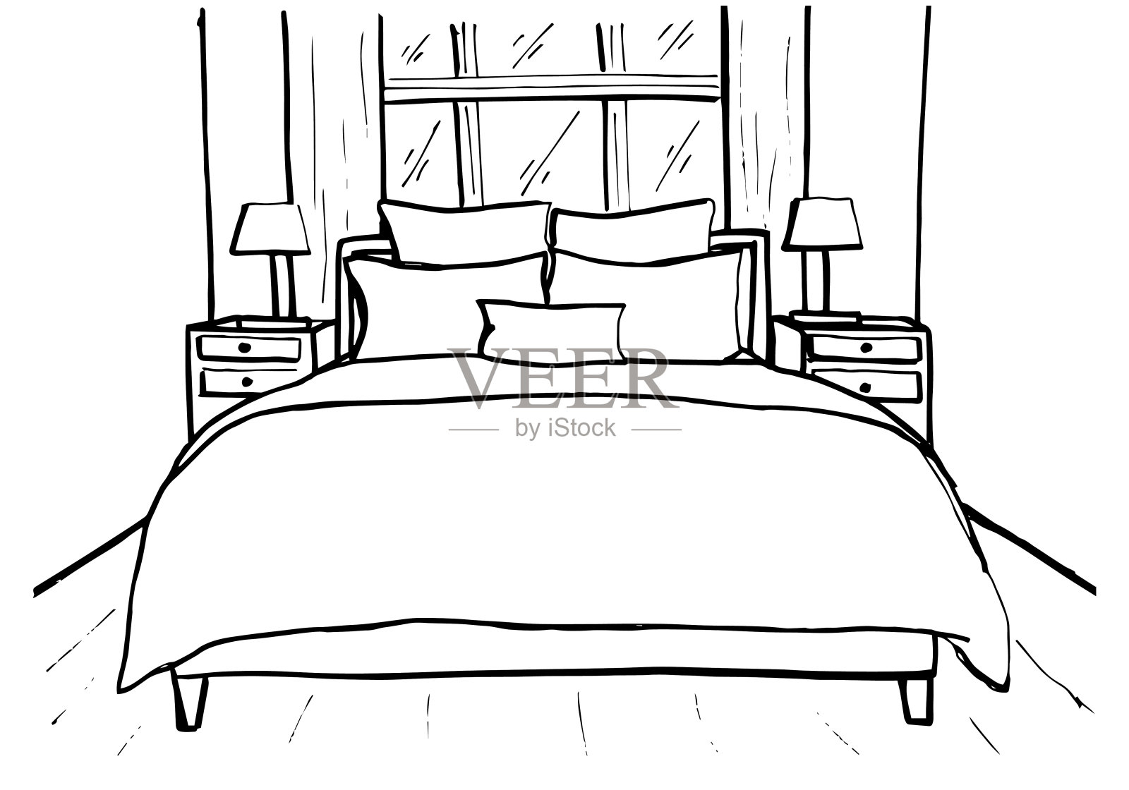 手绘草图。室内的线性草图。草图线间卧室。矢量插图。房间的计划。插画图片素材