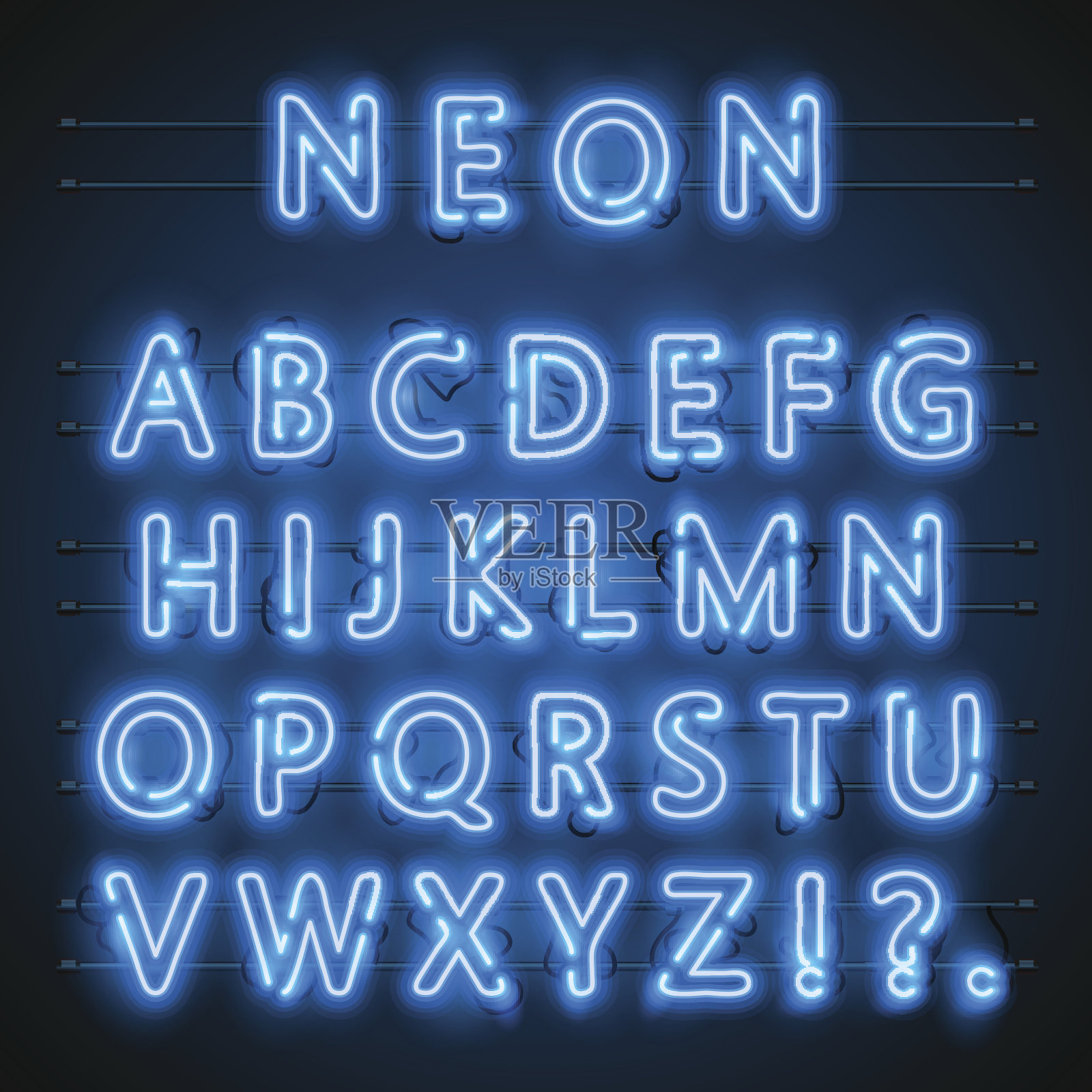 城市霓虹字体。霓虹蓝色英文字体。蓝色字体。字母的字体。矢量图设计元素图片