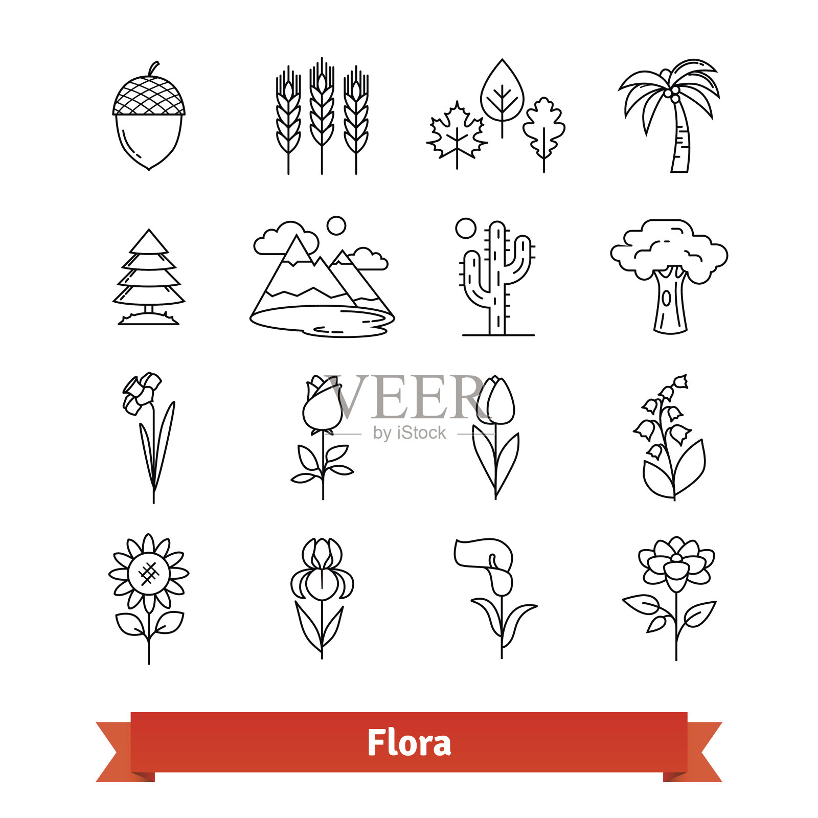 弗洛拉细线艺术图标集。植物的生命图标素材