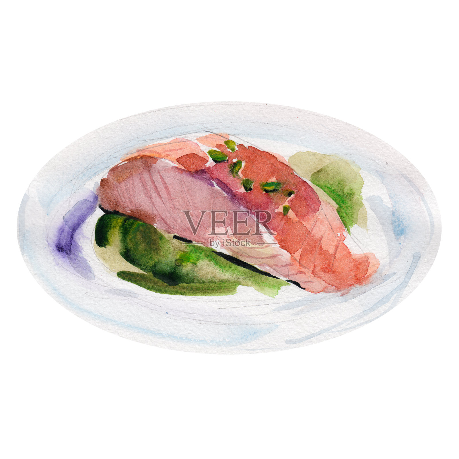 油炸三文鱼片与花椰菜酱孤立在白色背景，水彩插图手绘风格。插画图片素材