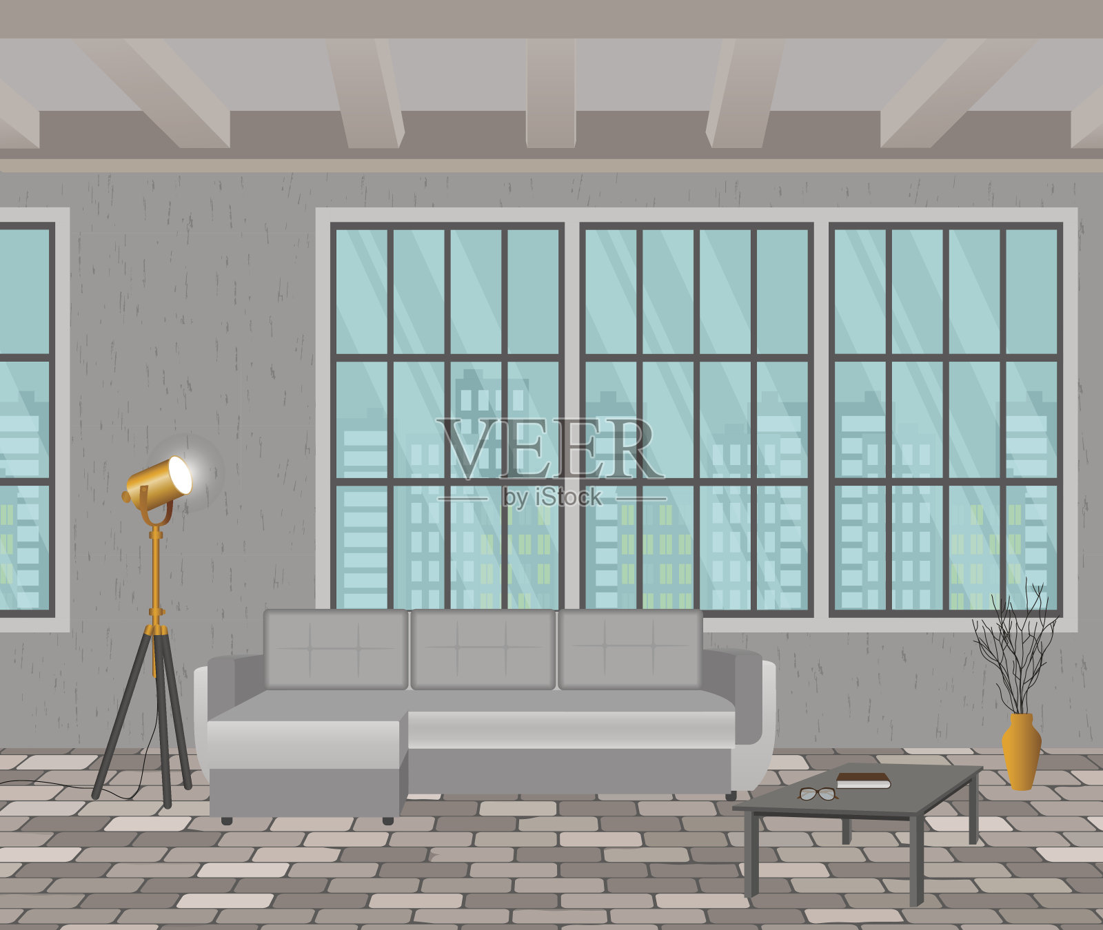 阁楼设计理念。客厅内部时髦的风格，有窗户，沙发，灯具和砖地板。插画图片素材