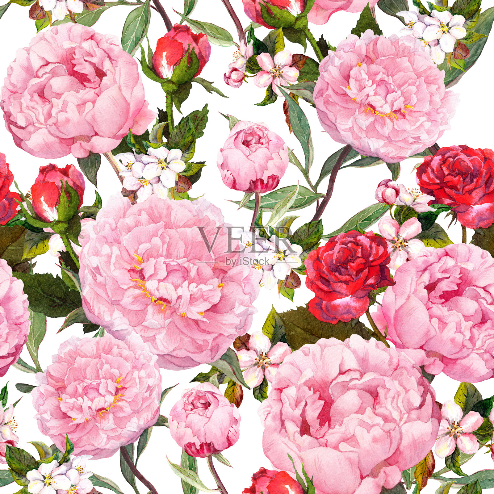 牡丹、红玫瑰和樱花。无缝的背景。水彩插画图片素材