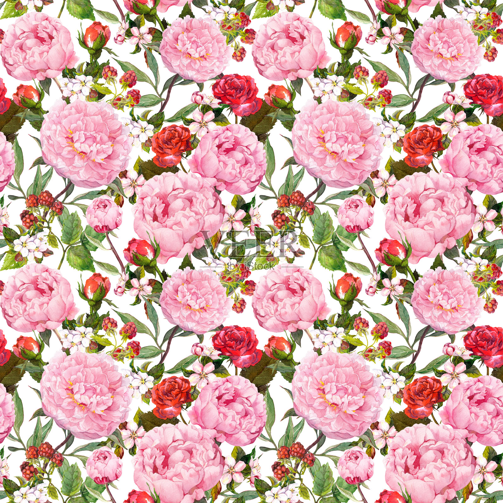 牡丹、红玫瑰、樱花。无缝的背景。水彩插画图片素材