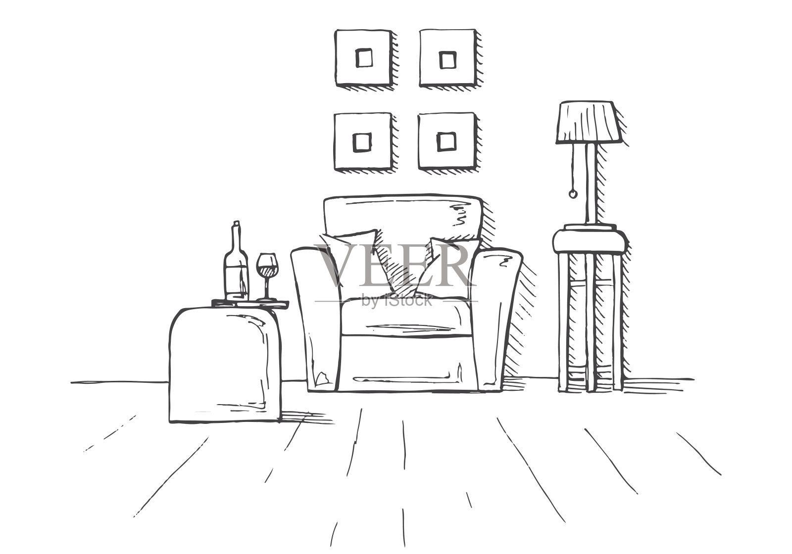扶手椅，咖啡桌，一个玻璃杯和一个瓶子。高凳上的灯。手绘矢量插图的草图风格。插画图片素材