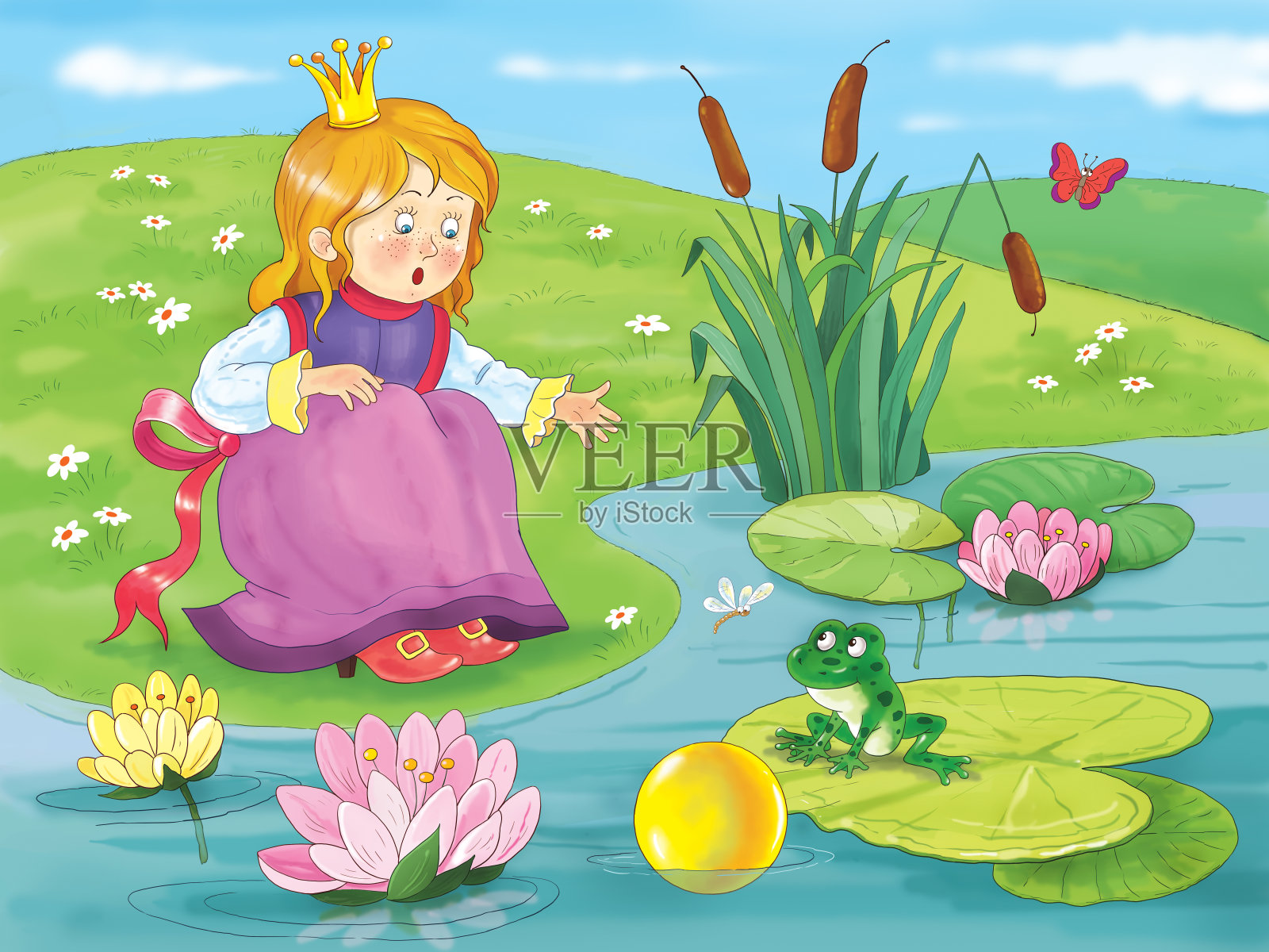 青蛙王子。童话故事。对儿童插图。着色页面。可爱和有趣的卡通人物插画图片素材