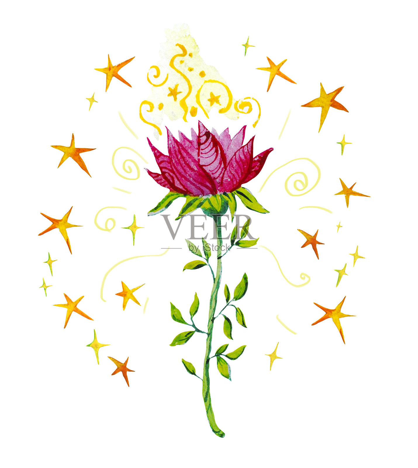 水彩艺术插图与手绘魔法花和飞溅的星星孤立在白色的背景。儿童童话插图。插画图片素材