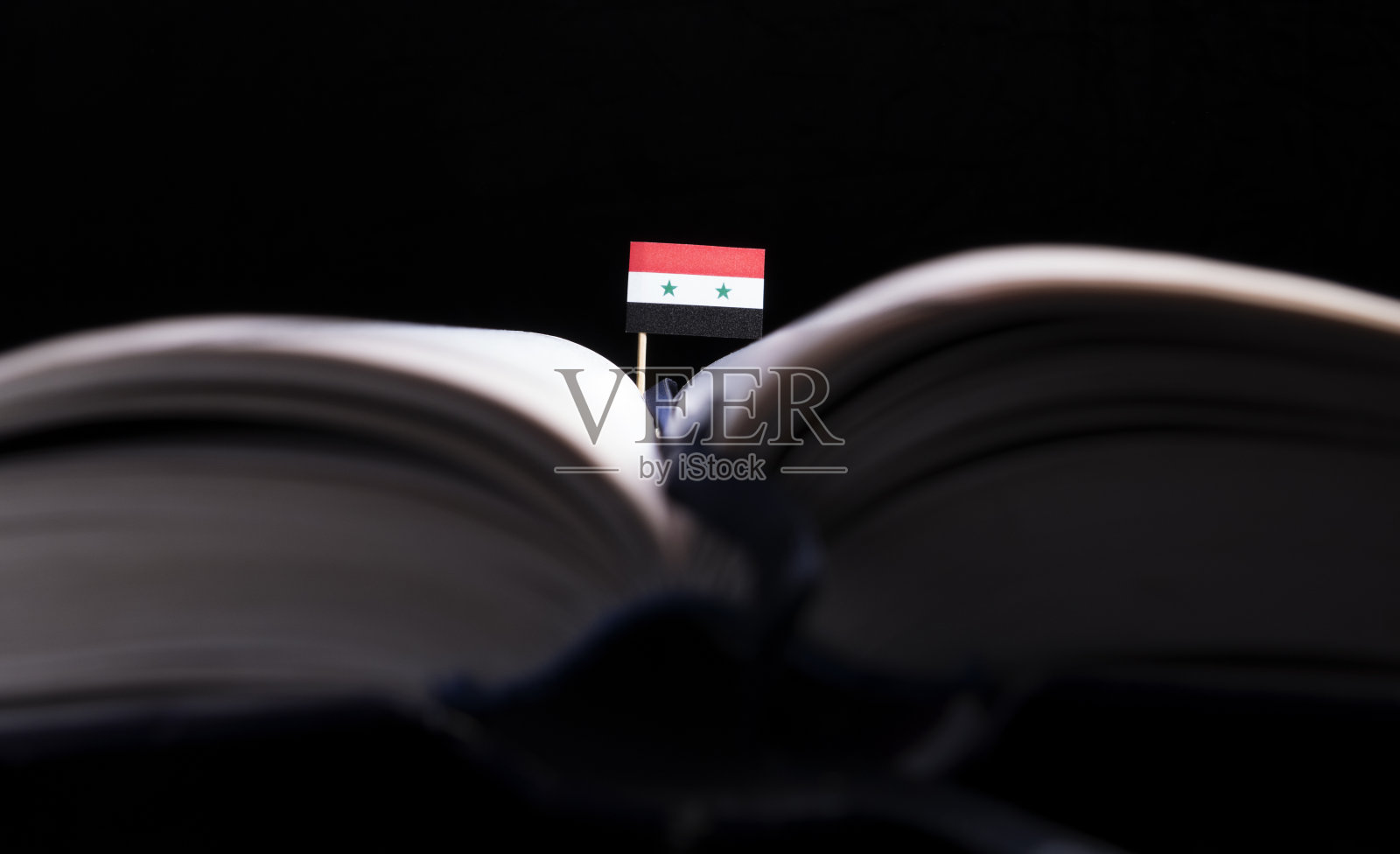 叙利亚国旗在书的中间。知识与教育观念。照片摄影图片