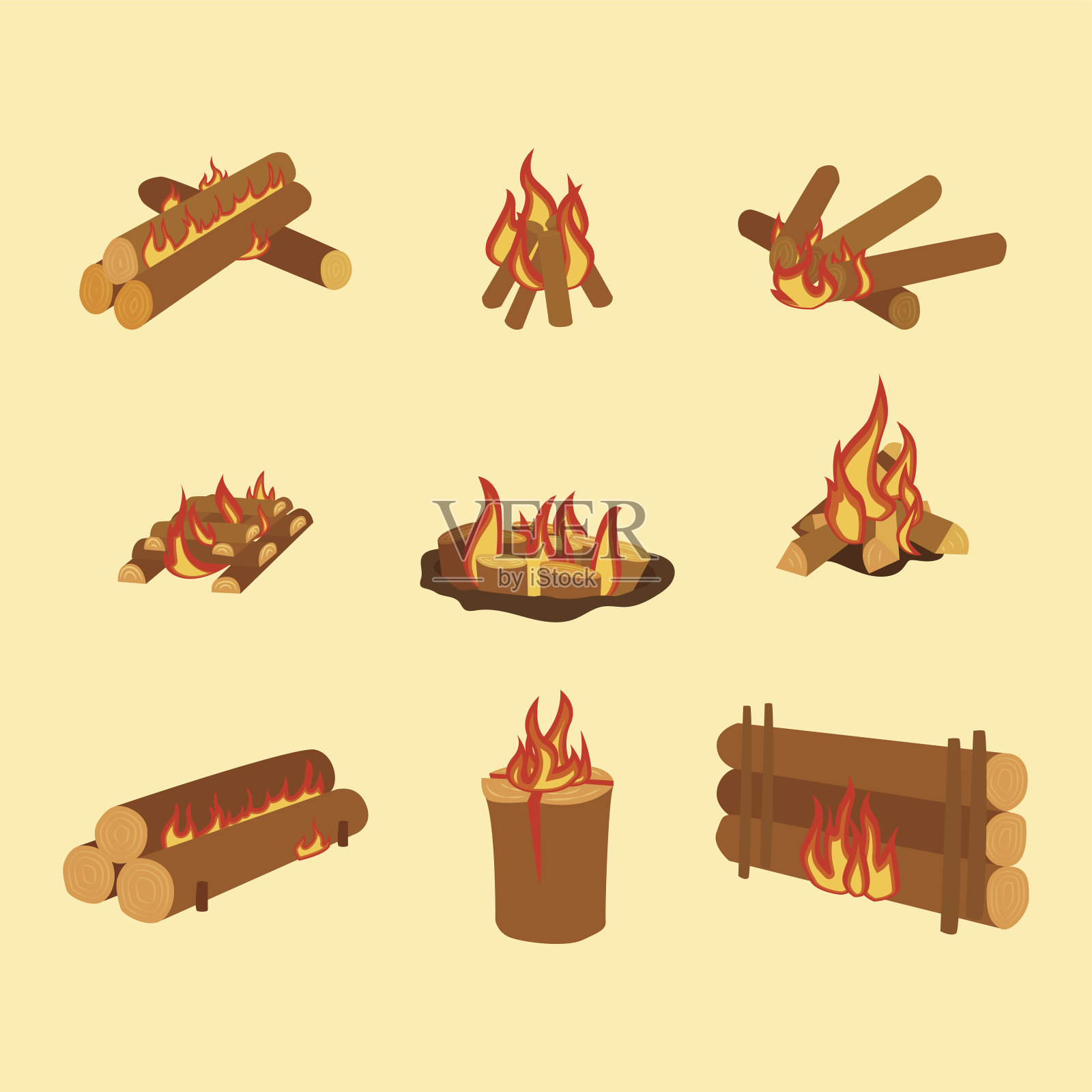 孤立插图的营火原木燃烧篝火和柴火堆栈向量插画图片素材