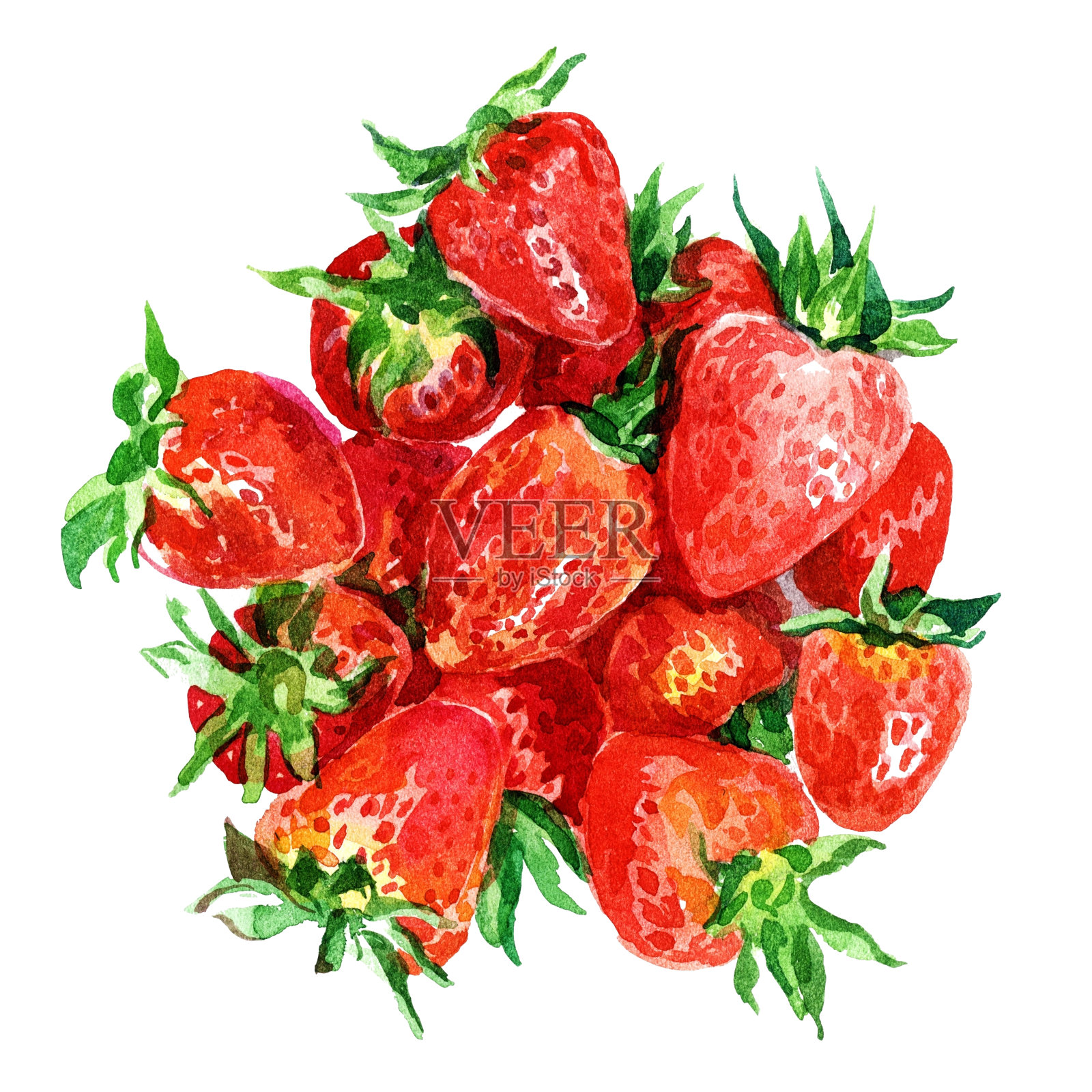 水彩草莓孤立在白色背景，整个和切片草莓。插画图片素材