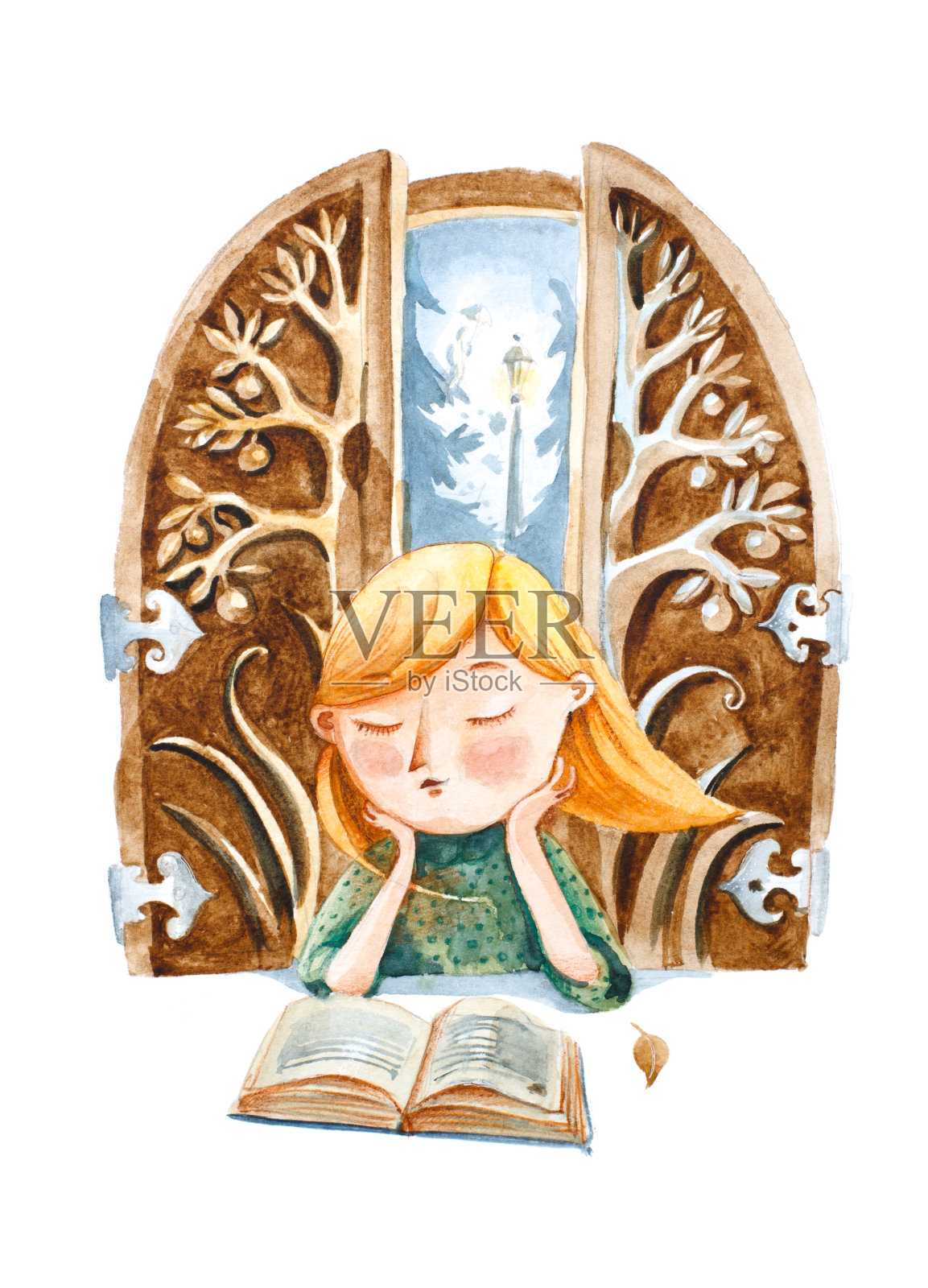水彩插图孤立的白色背景。那个拿着书的女孩梦想着书中的一个童话故事，她读着书。插画图片素材