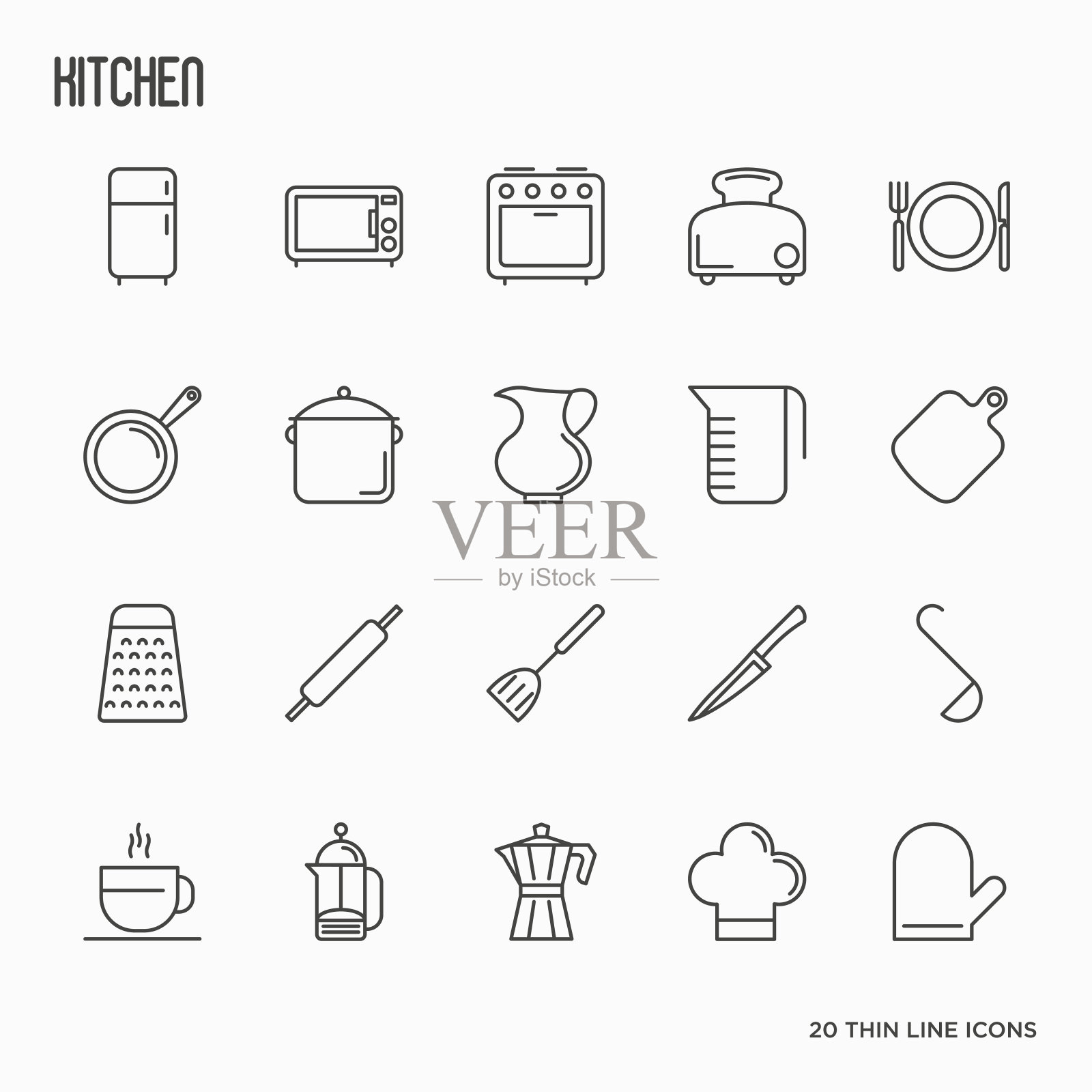厨房设备和餐具细线图标集。矢量插图烹饪食谱，菜单，商店，网站，应用程序。插画图片素材