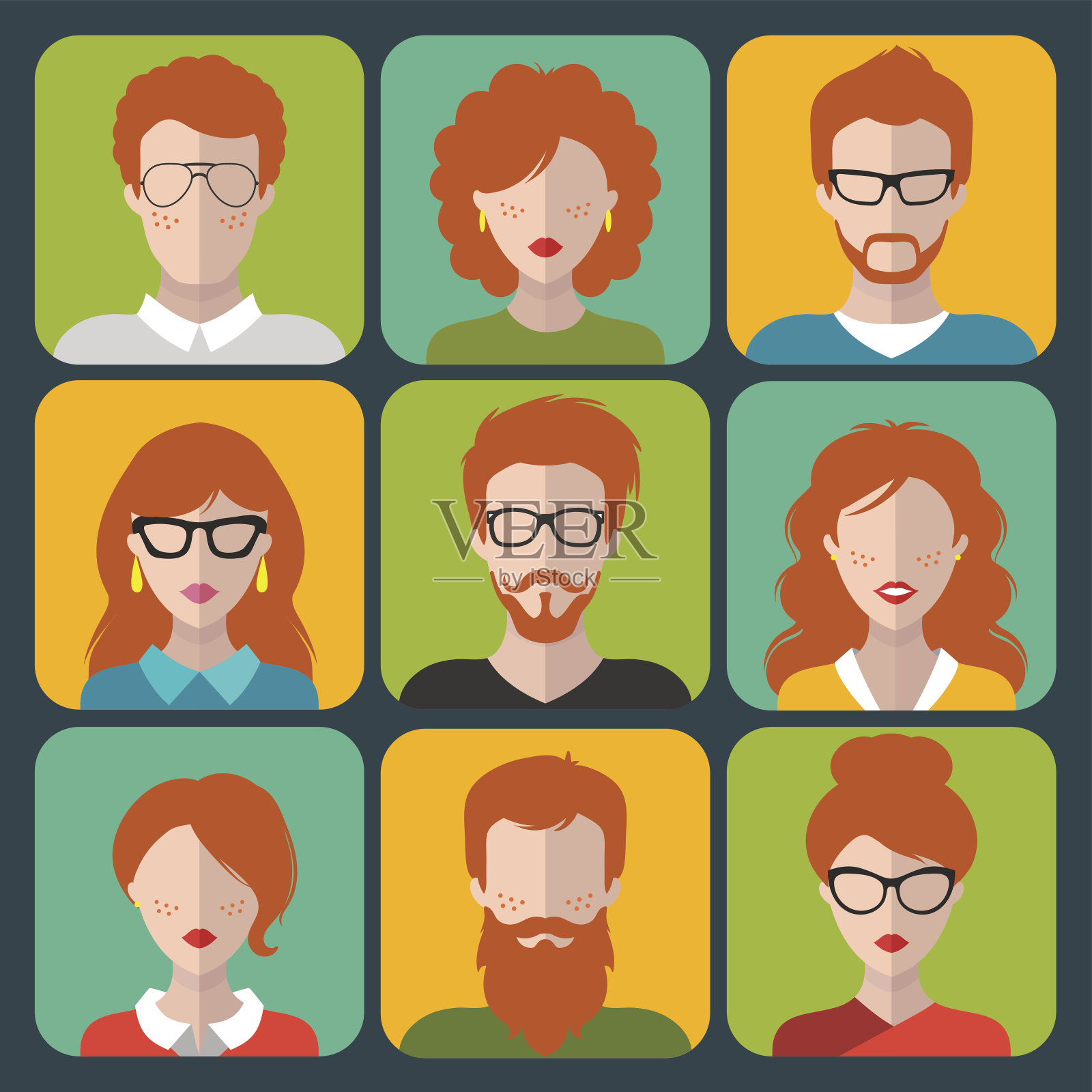 矢量集不同的红发人应用程序图标在平面风格。人的头和脸图像收集。插画图片素材