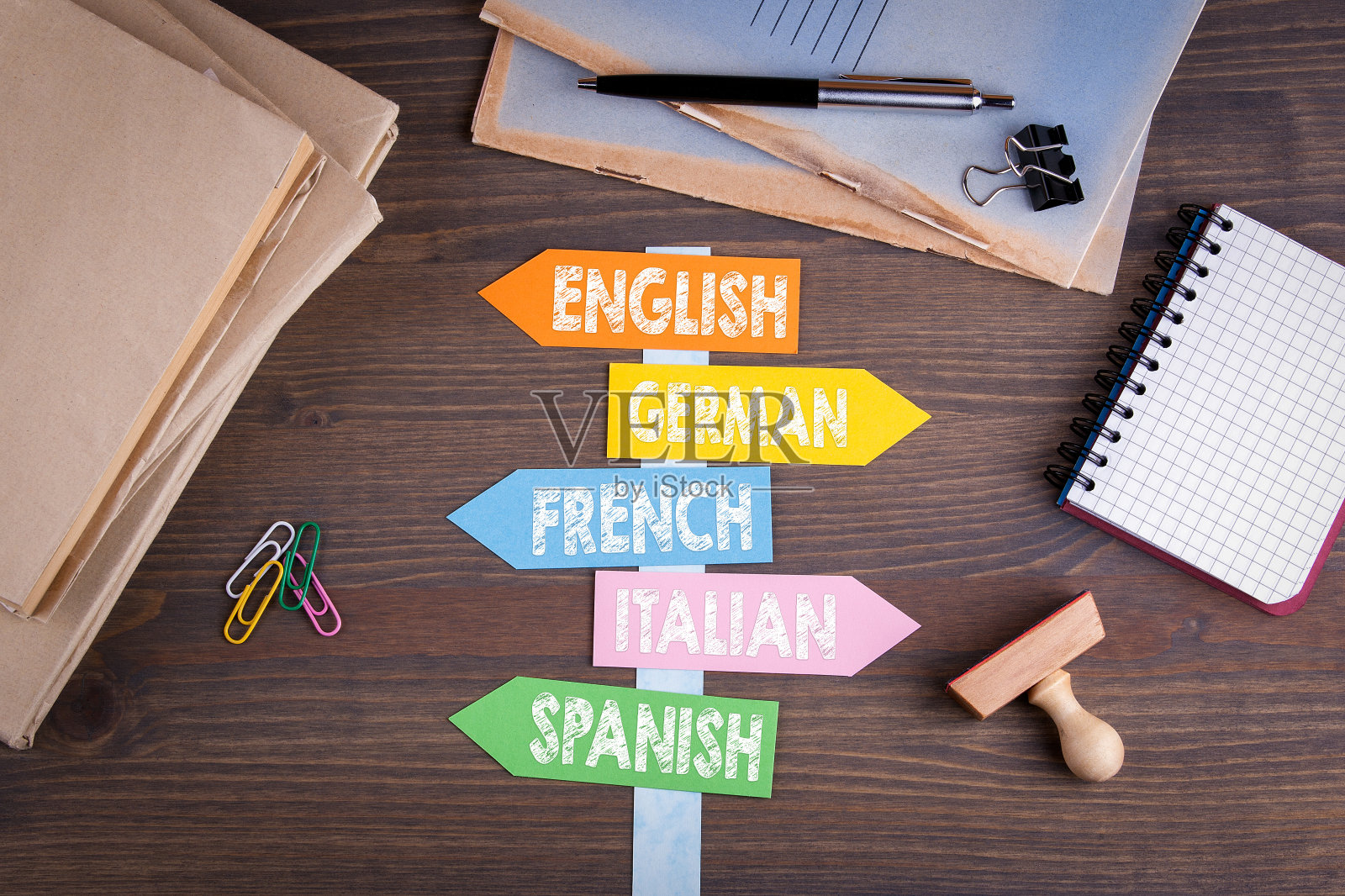 语言概念，英语，意大利语，德语，法语，西班牙语。木桌上的纸路标照片摄影图片