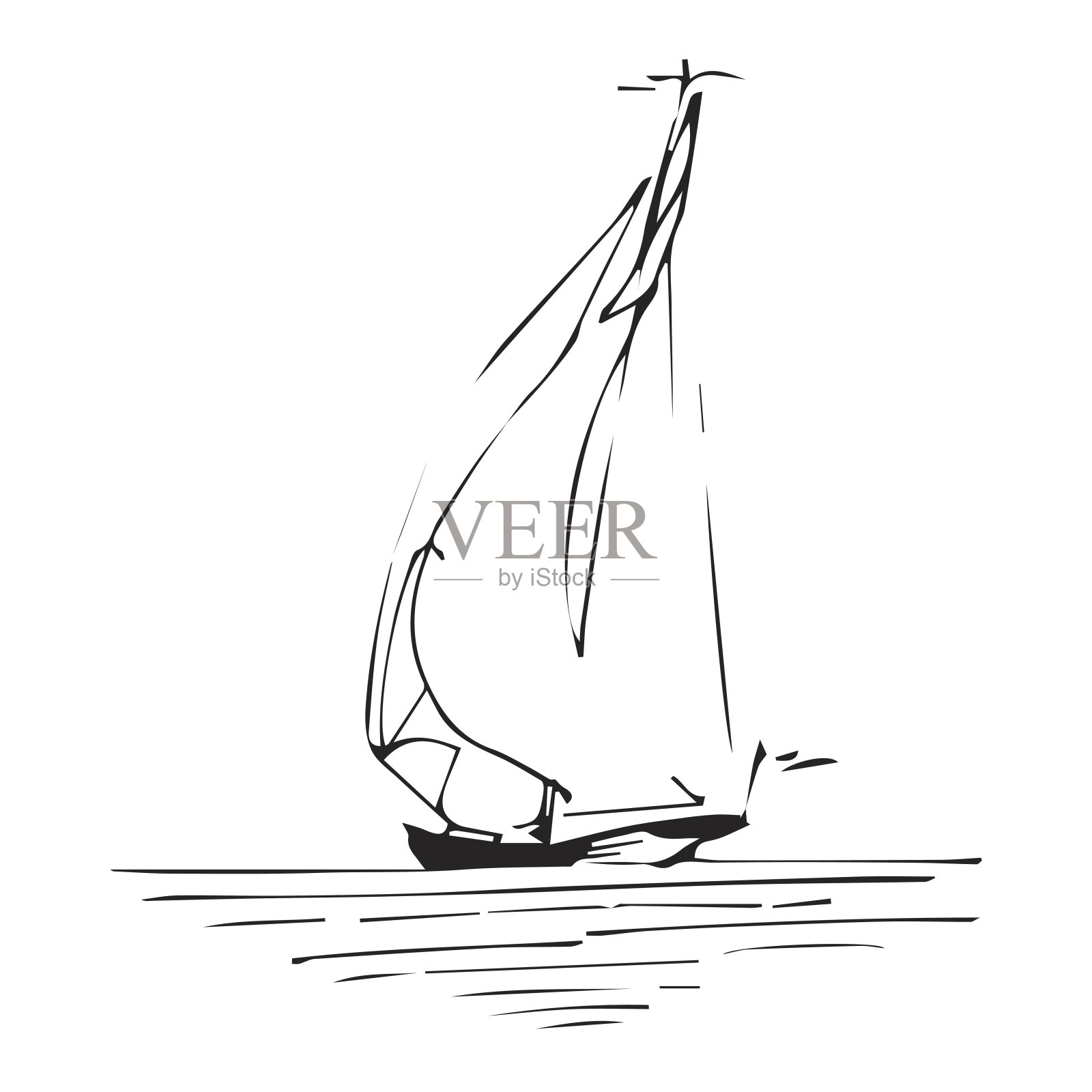 在海洋中航行的船或船在墨线风格。手画游艇。海洋主题设计。插画图片素材
