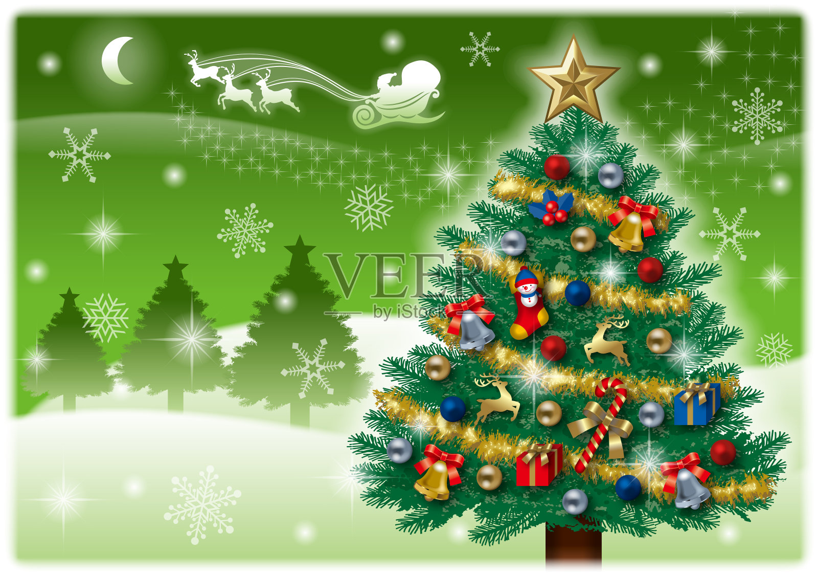 圣诞贺卡。绿色背景。插画图片素材