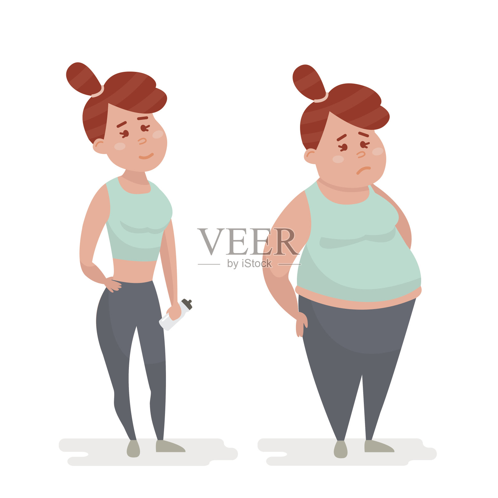 又胖又瘦的女孩。减肥的概念。矢量图插画图片素材