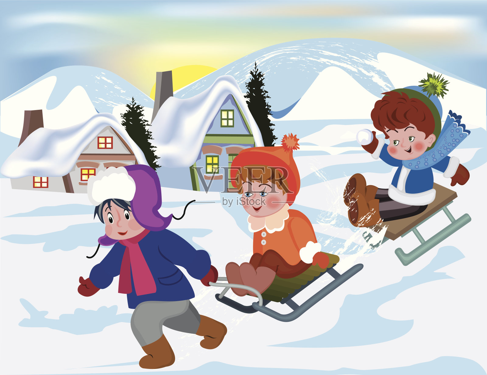 孩子们在雪橇上的冬季场景插画图片素材