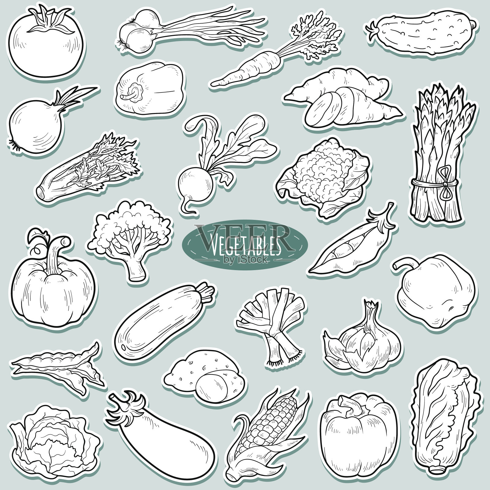 无色蔬菜套装，矢量卡通贴纸插画图片素材