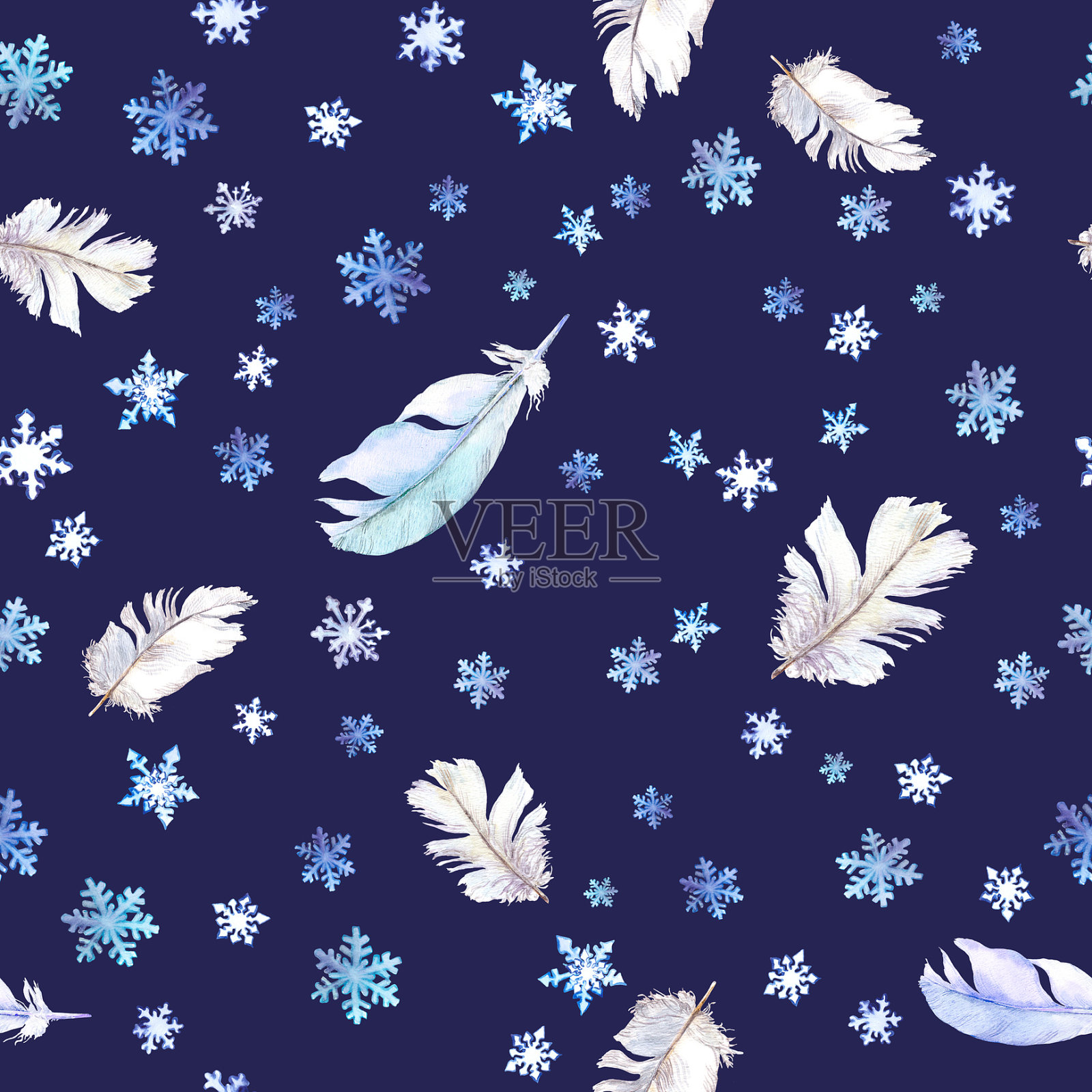 冬季重复图案用雪和羽毛、水彩画插画图片素材