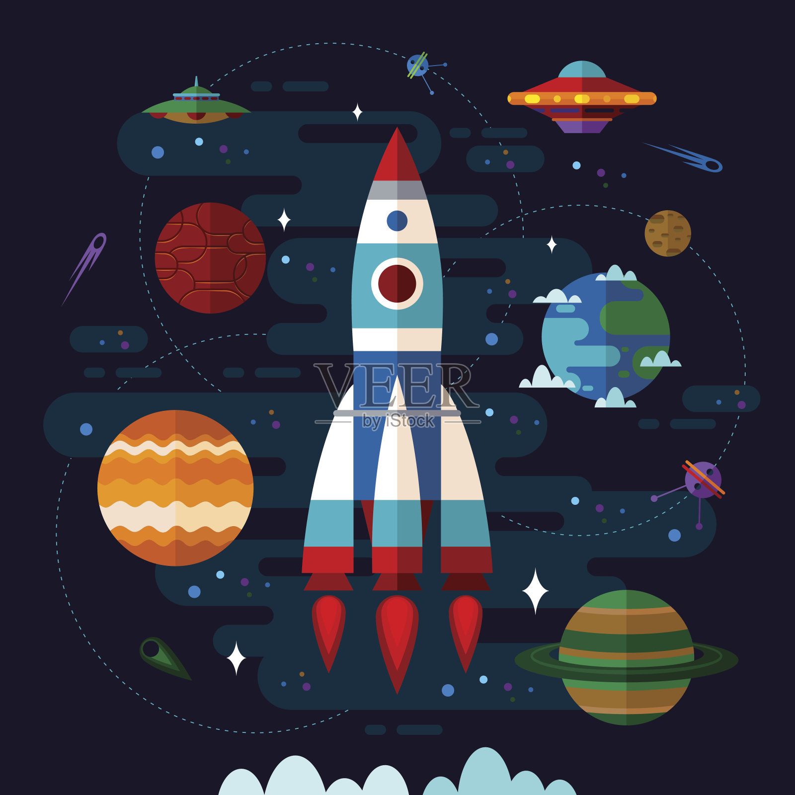 宇宙飞船，飞碟和行星。插画图片素材