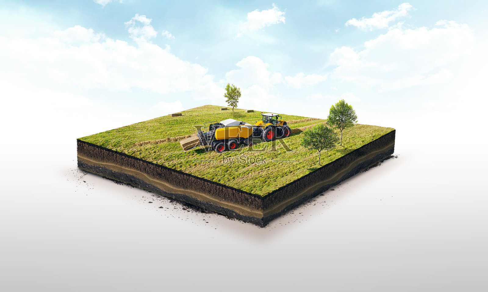 土壤切片的3d插图，联合收割机收集的稻草捆孤立在白色的背景照片摄影图片