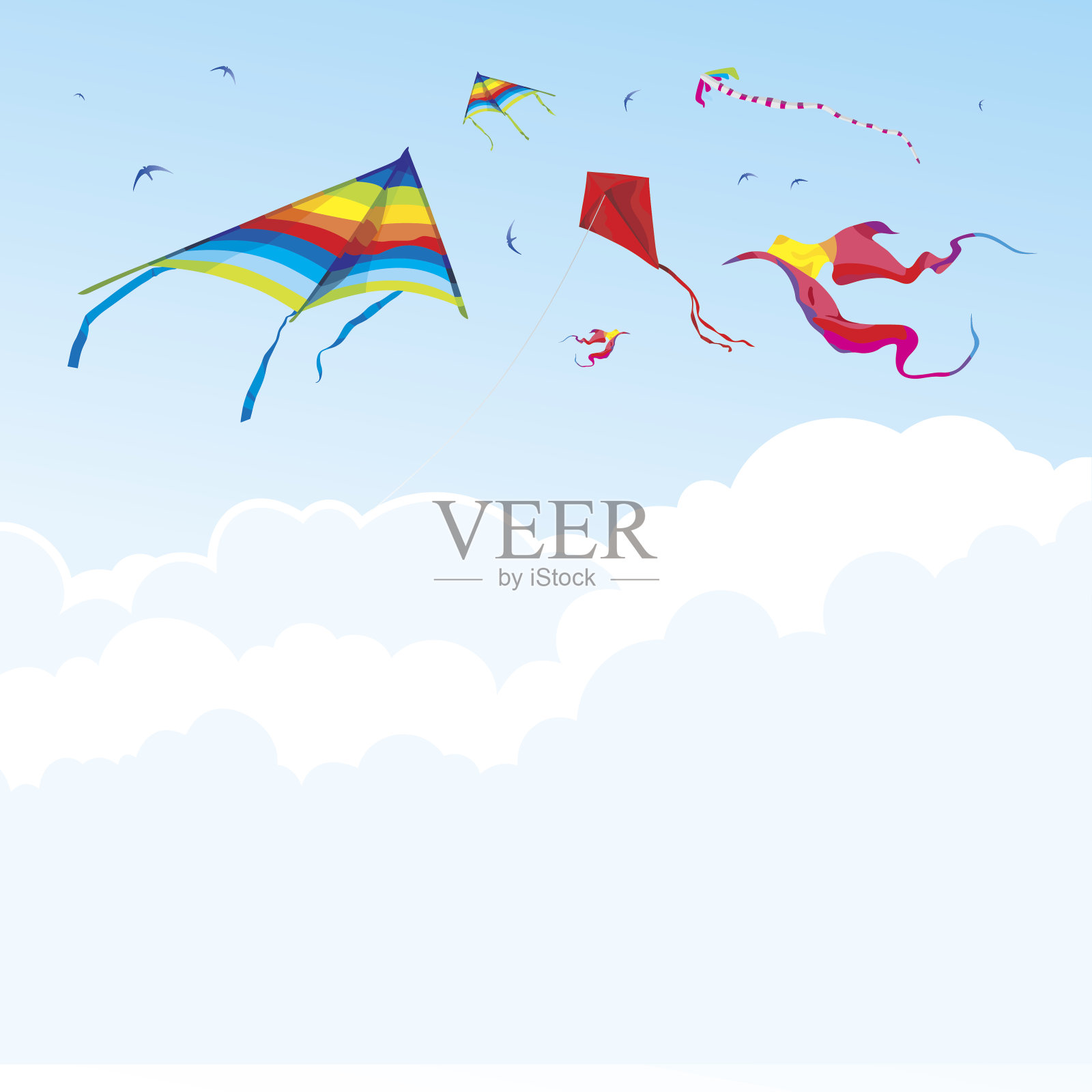 风筝和小鸟在天空和云的背景上插画图片素材