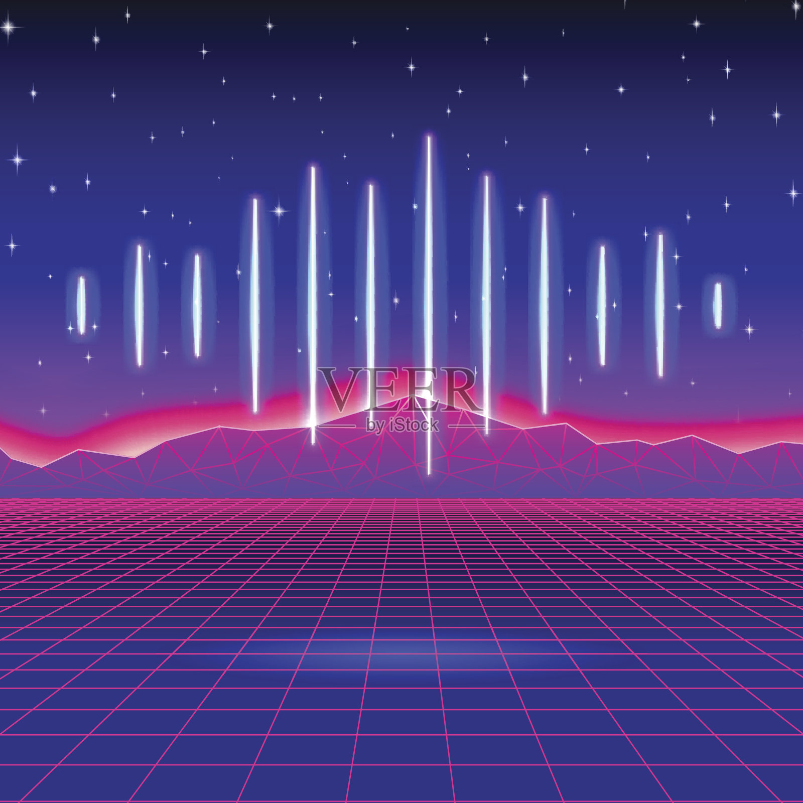 复古游戏霓虹灯背景与闪亮的音乐波插画图片素材
