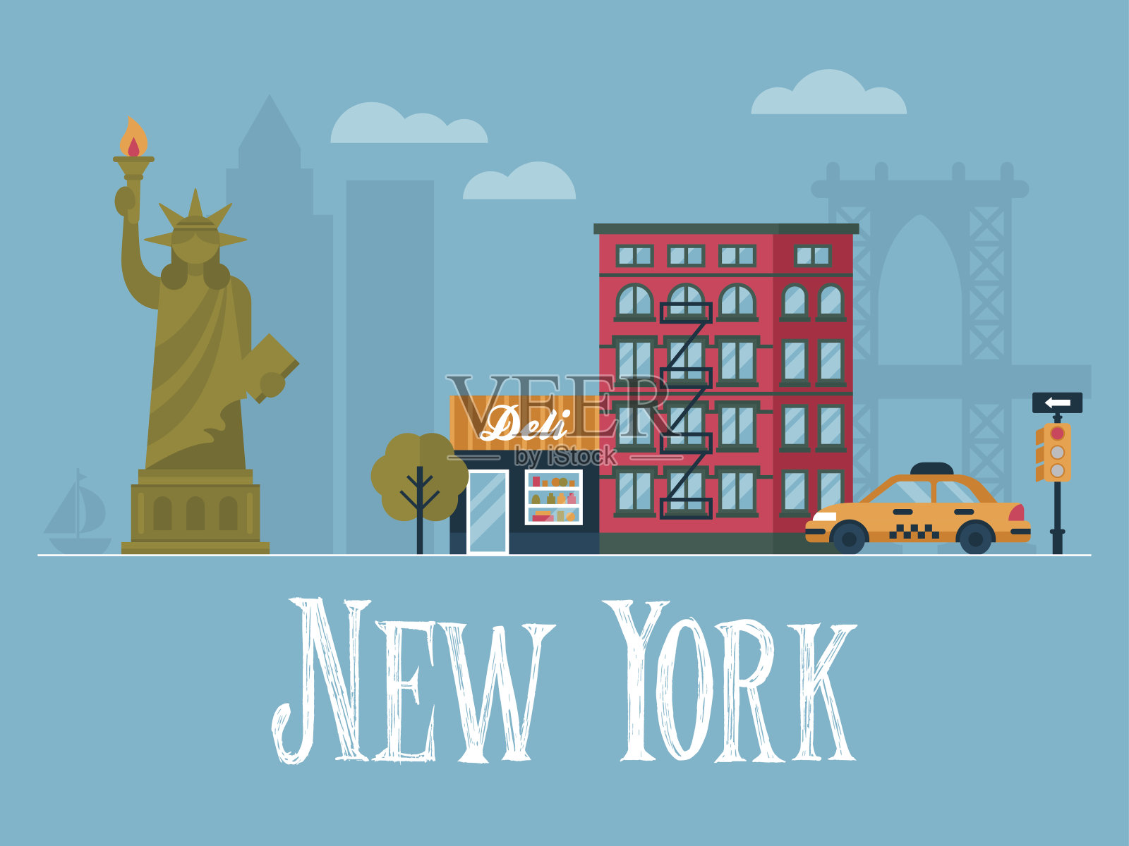 平坦时尚的矢量插图纽约市，美国插画图片素材