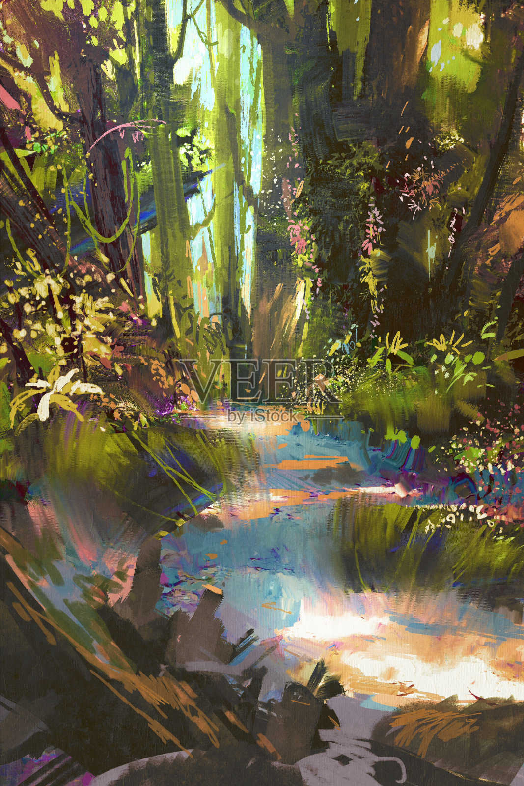 小径在美丽的绿色森林在夏天插画图片素材
