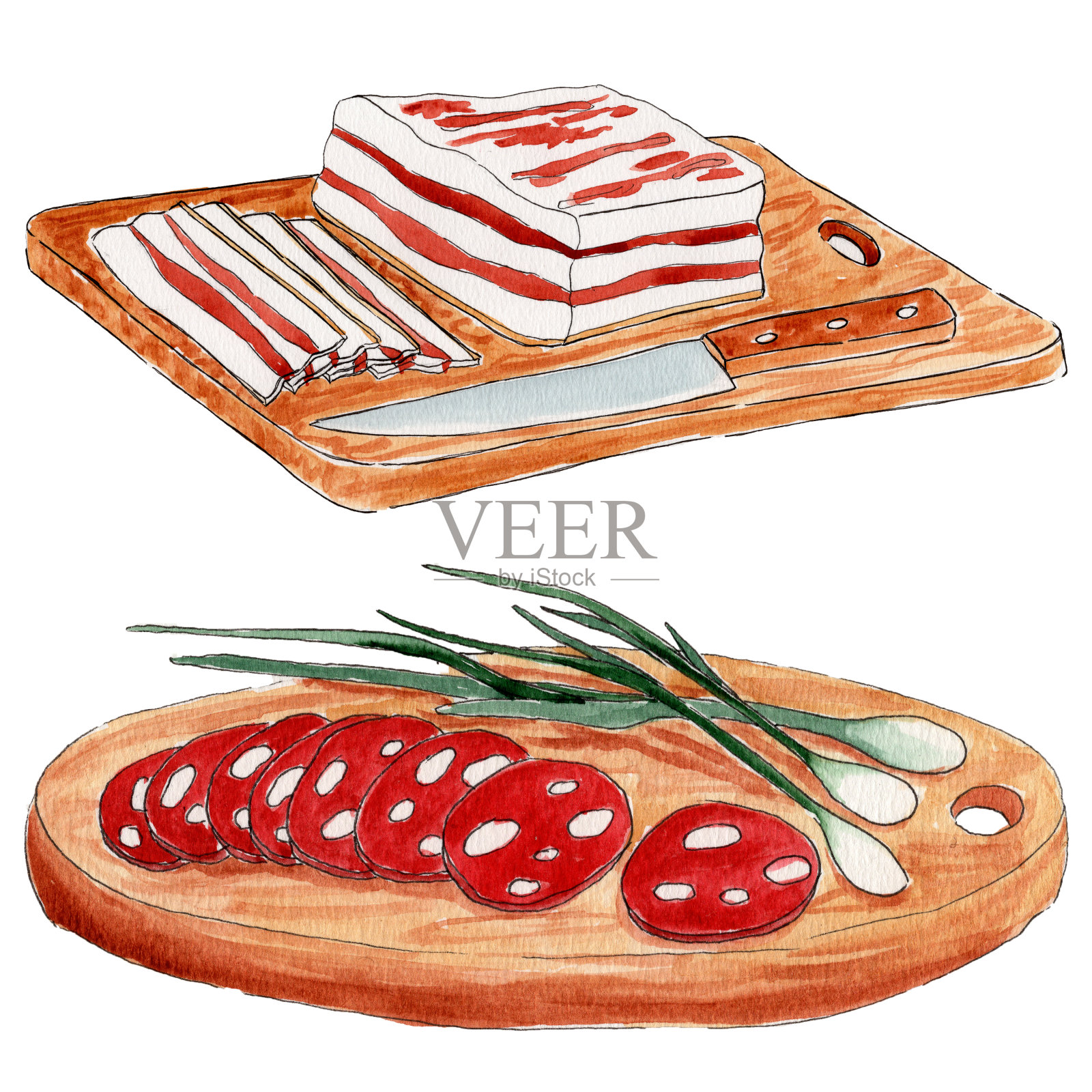 水彩画木板与培根和香肠插画图片素材