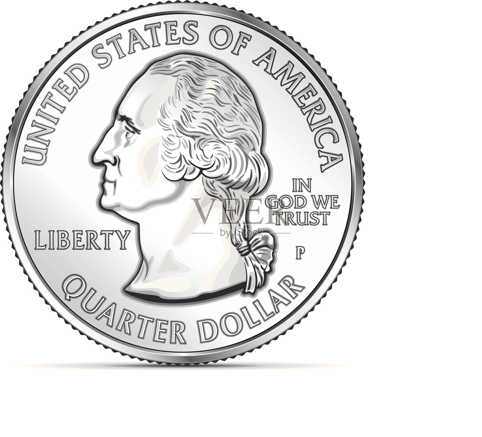 一枚描绘乔治·华盛顿的美国四分之一硬币插画图片素材