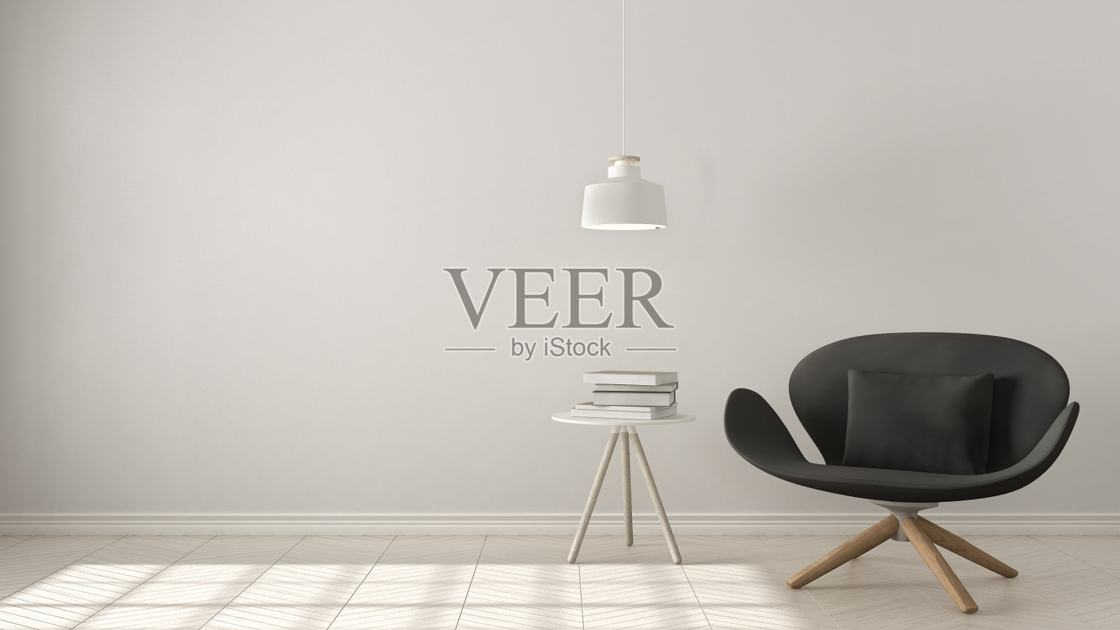 斯堪的纳维亚简约的背景，灰色扶手椅，桌子和吊灯人字形天然拼花地板，室内设计照片摄影图片