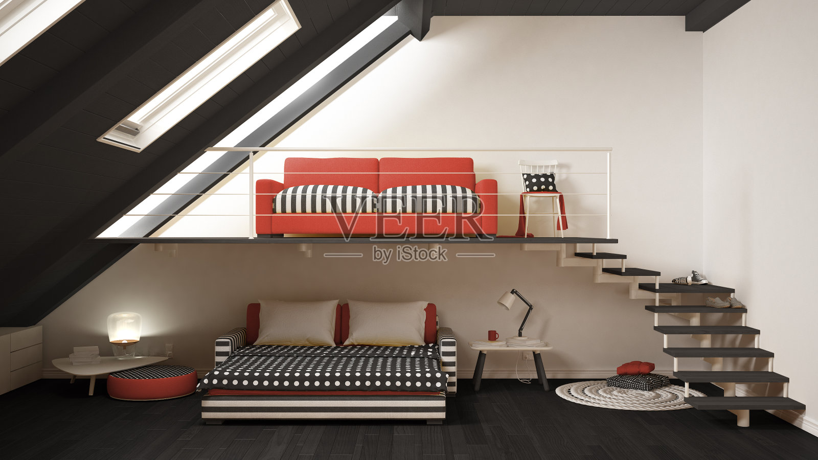 阁楼夹层一室极简主义生活和卧室，白色和红色斯堪的纳维亚室内设计照片摄影图片