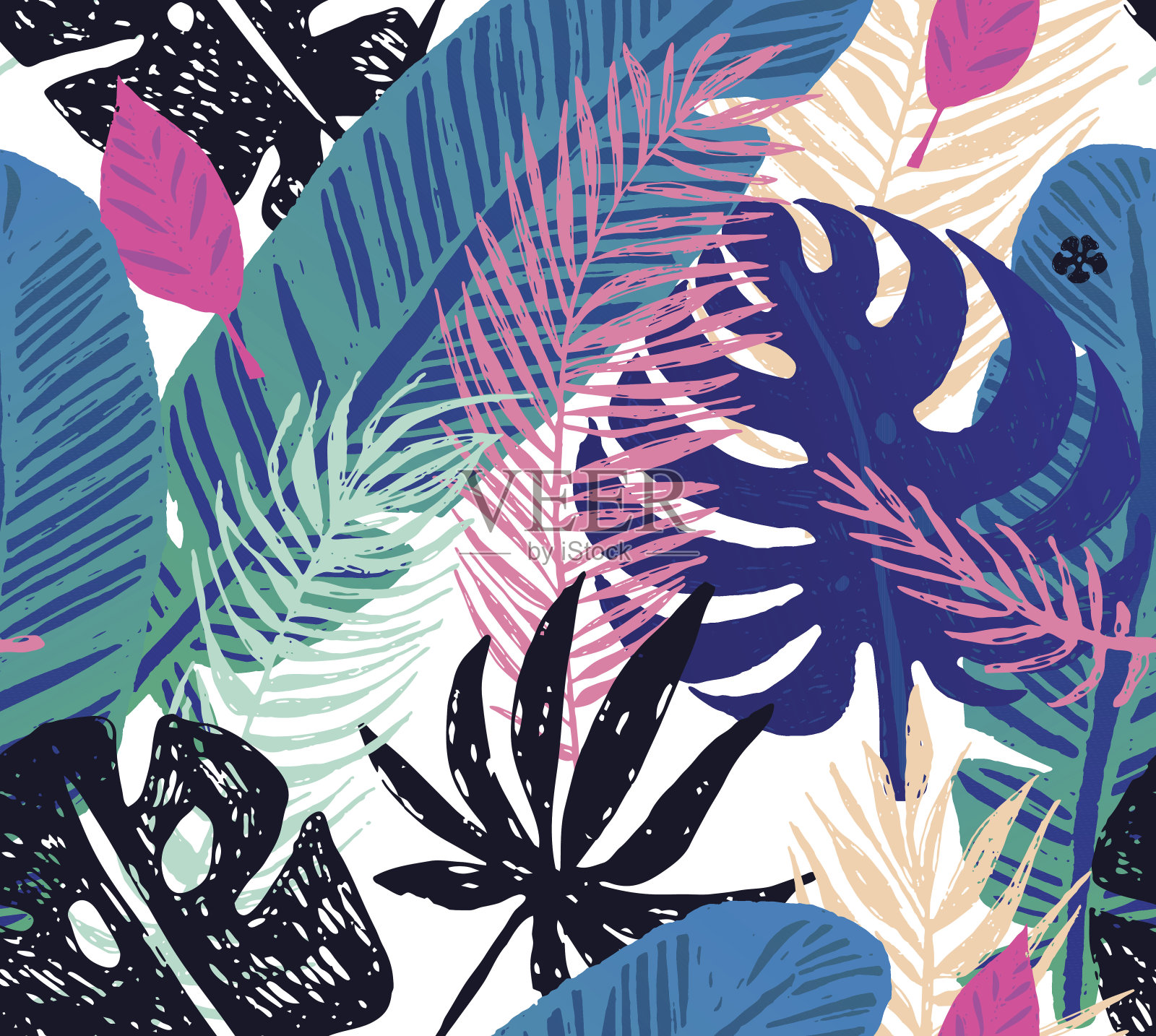 无缝新潮的模式与蓝色异国情调的棕榈叶在白色的背景插画图片素材