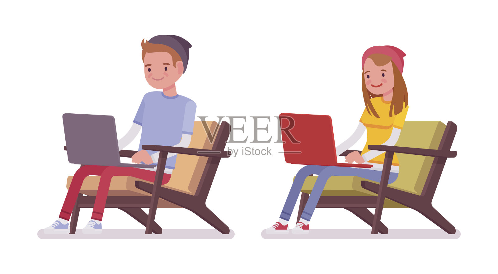 十几岁的男孩和女孩坐在电脑前插画图片素材