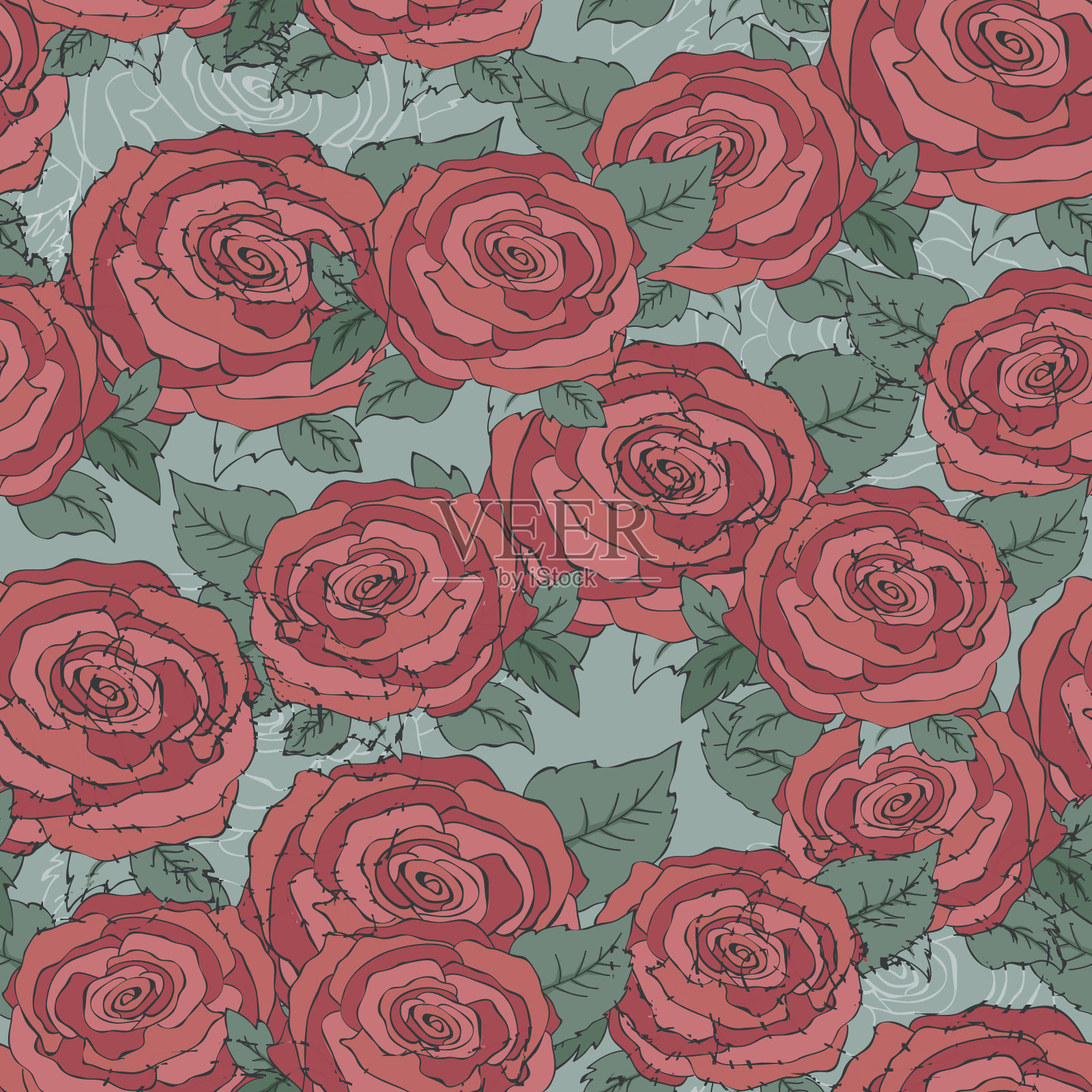 花朵无缝图案与红玫瑰背景插画图片素材